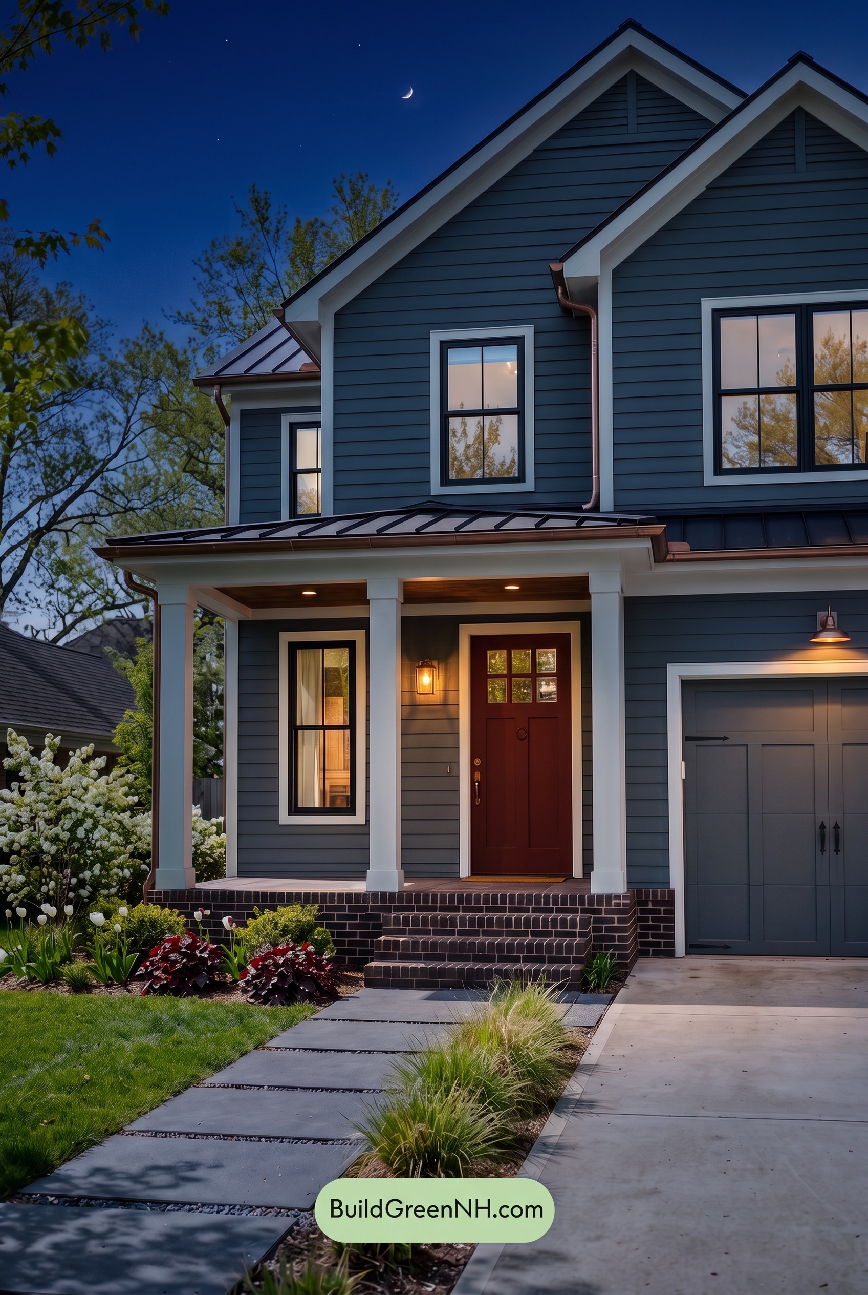 Red Front Door House Paint Color Scheme: Charcoal Copper Confidence - Nighttime
