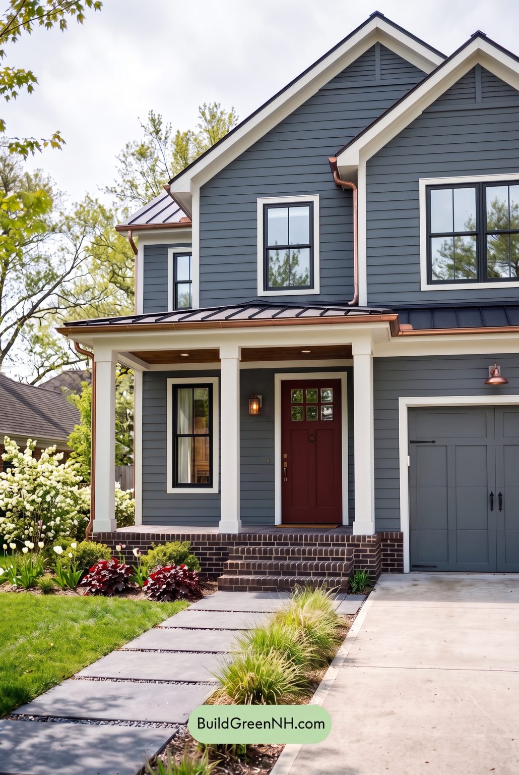 Red Front Door House Paint Color Scheme: Charcoal Copper Confidence