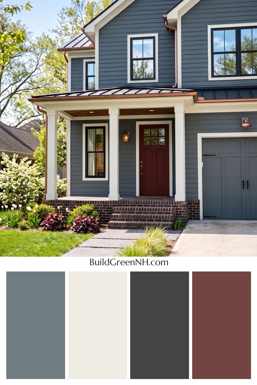 Red Front Door House Paint Color Scheme: Charcoal Copper Confidence