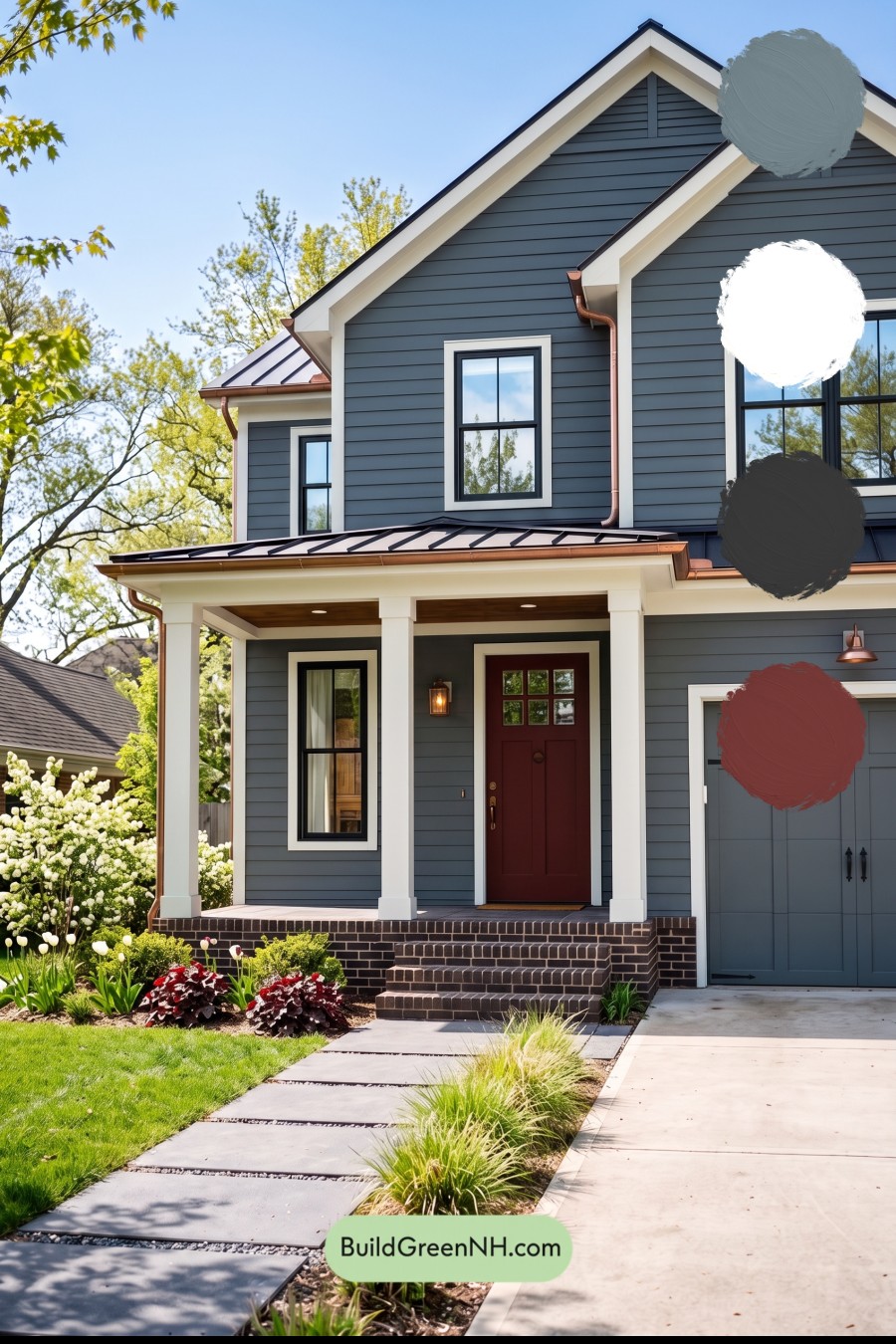 Red Front Door House Paint Color Scheme: Charcoal Copper Confidence