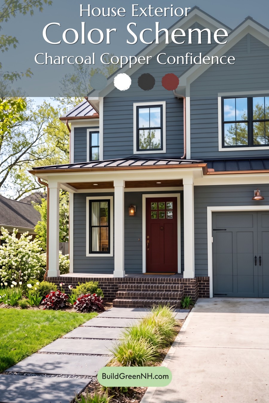 Red Front Door House Paint Color Scheme: Charcoal Copper Confidence