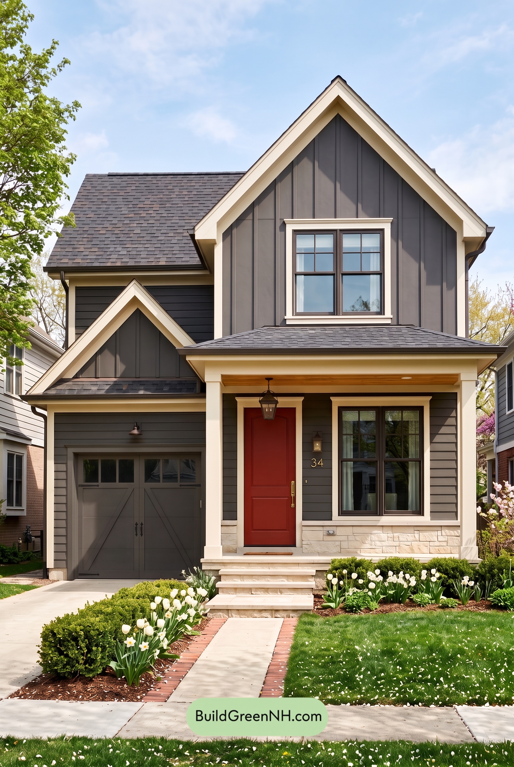 Red Front Door House Paint Color Scheme: Charcoal Cream Welcome