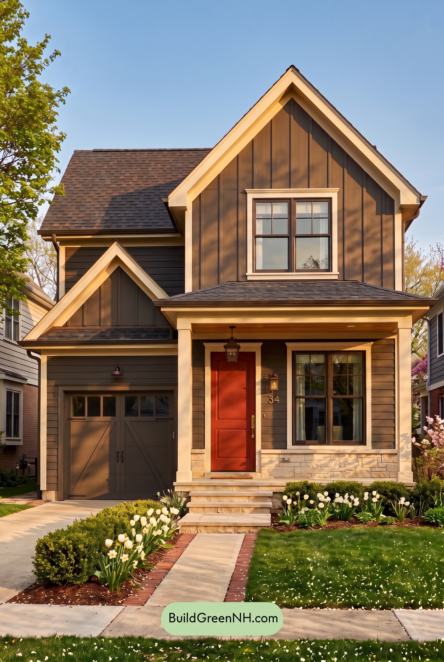 Red Front Door House Paint Color Scheme: Charcoal Cream Welcome - Golden Hour