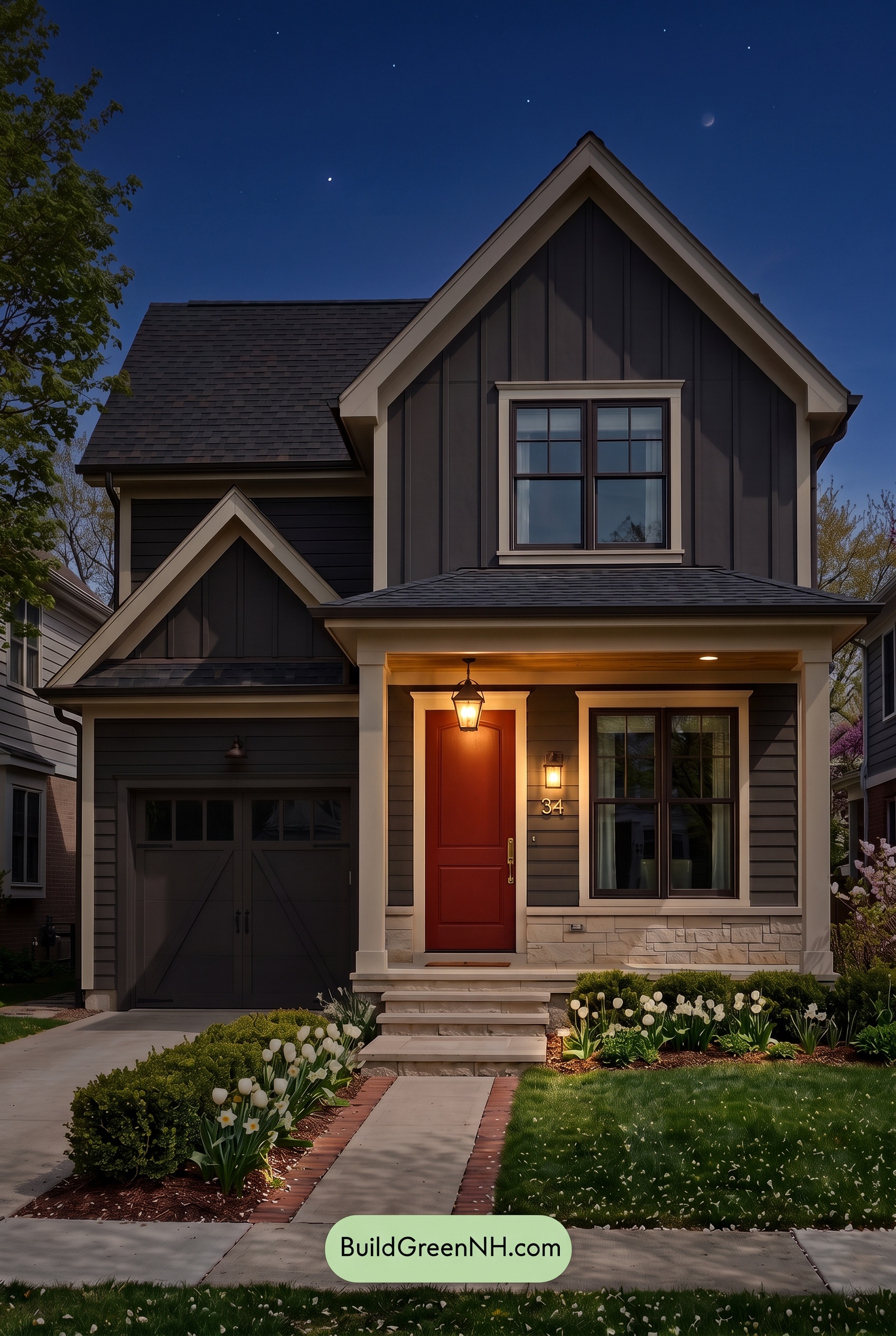 Red Front Door House Paint Color Scheme: Charcoal Cream Welcome - Nighttime