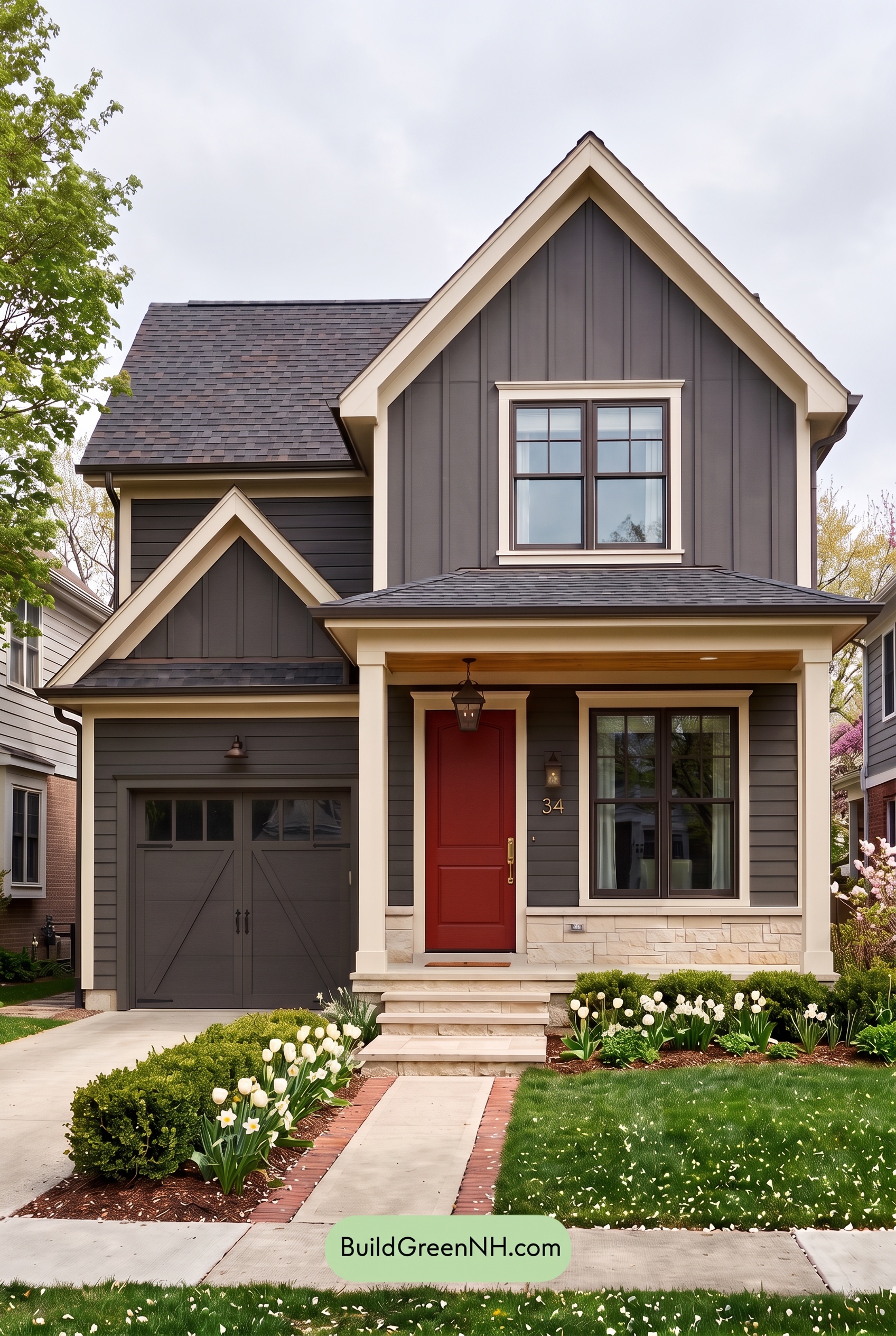 Red Front Door House Paint Color Scheme: Charcoal Cream Welcome - Overcast