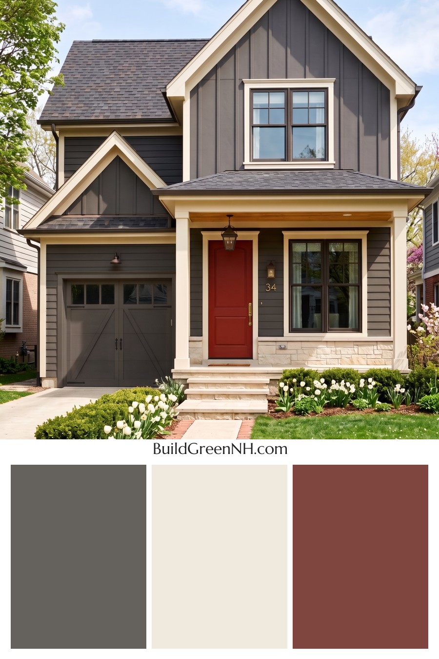 Red Front Door House Paint Color Scheme: Charcoal Cream Welcome