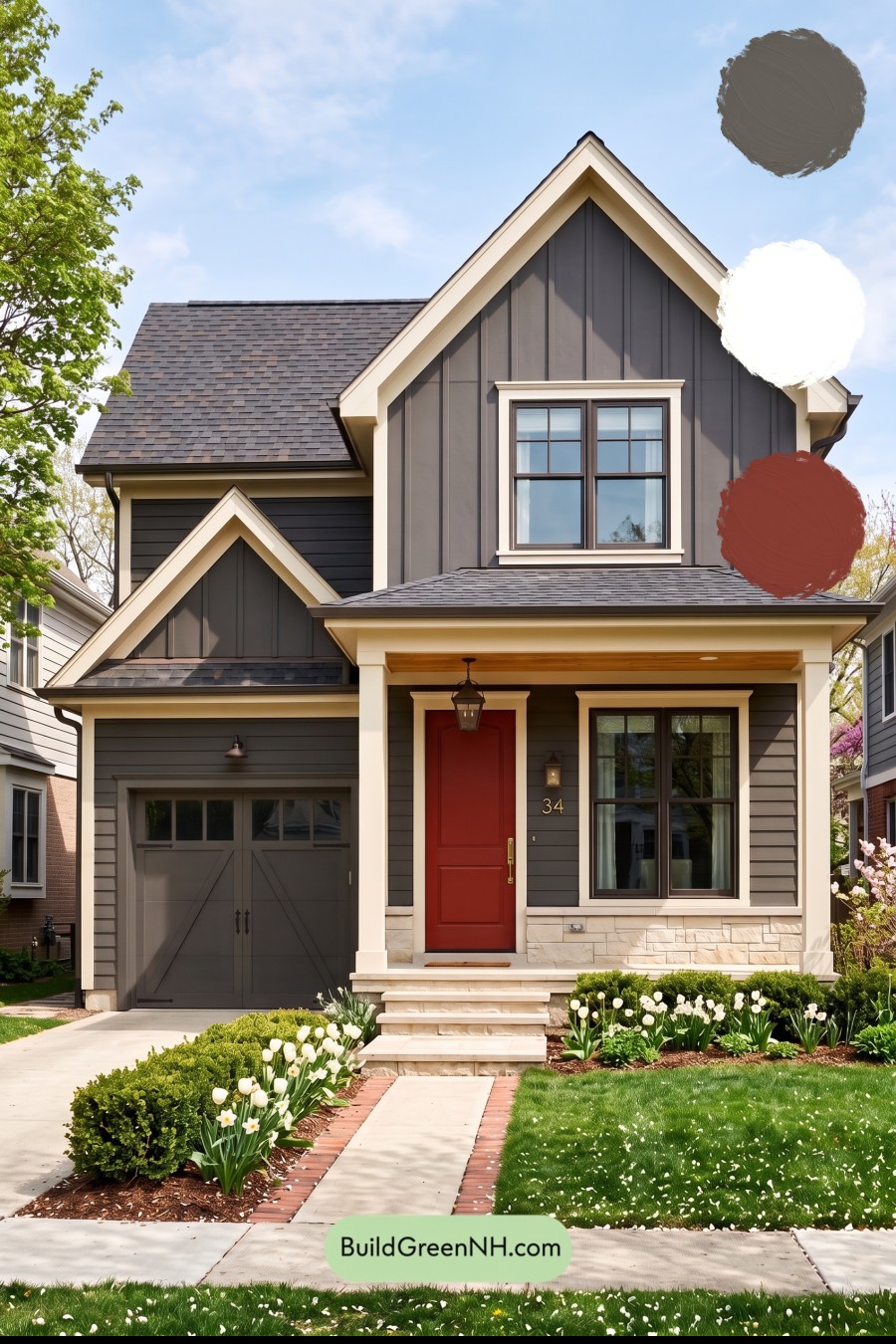Red Front Door House Paint Color Scheme: Charcoal Cream Welcome