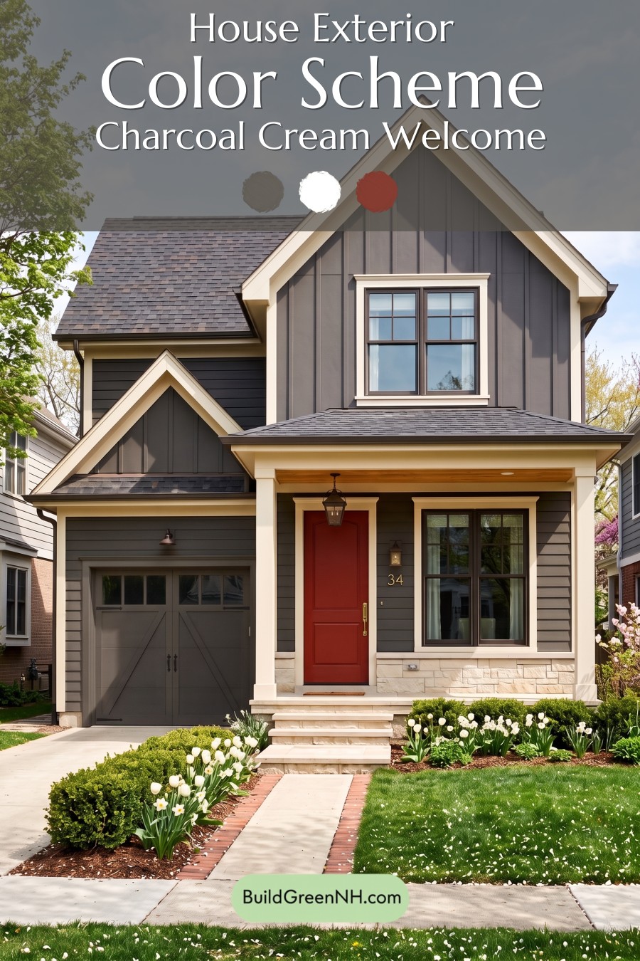 Red Front Door House Paint Color Scheme: Charcoal Cream Welcome