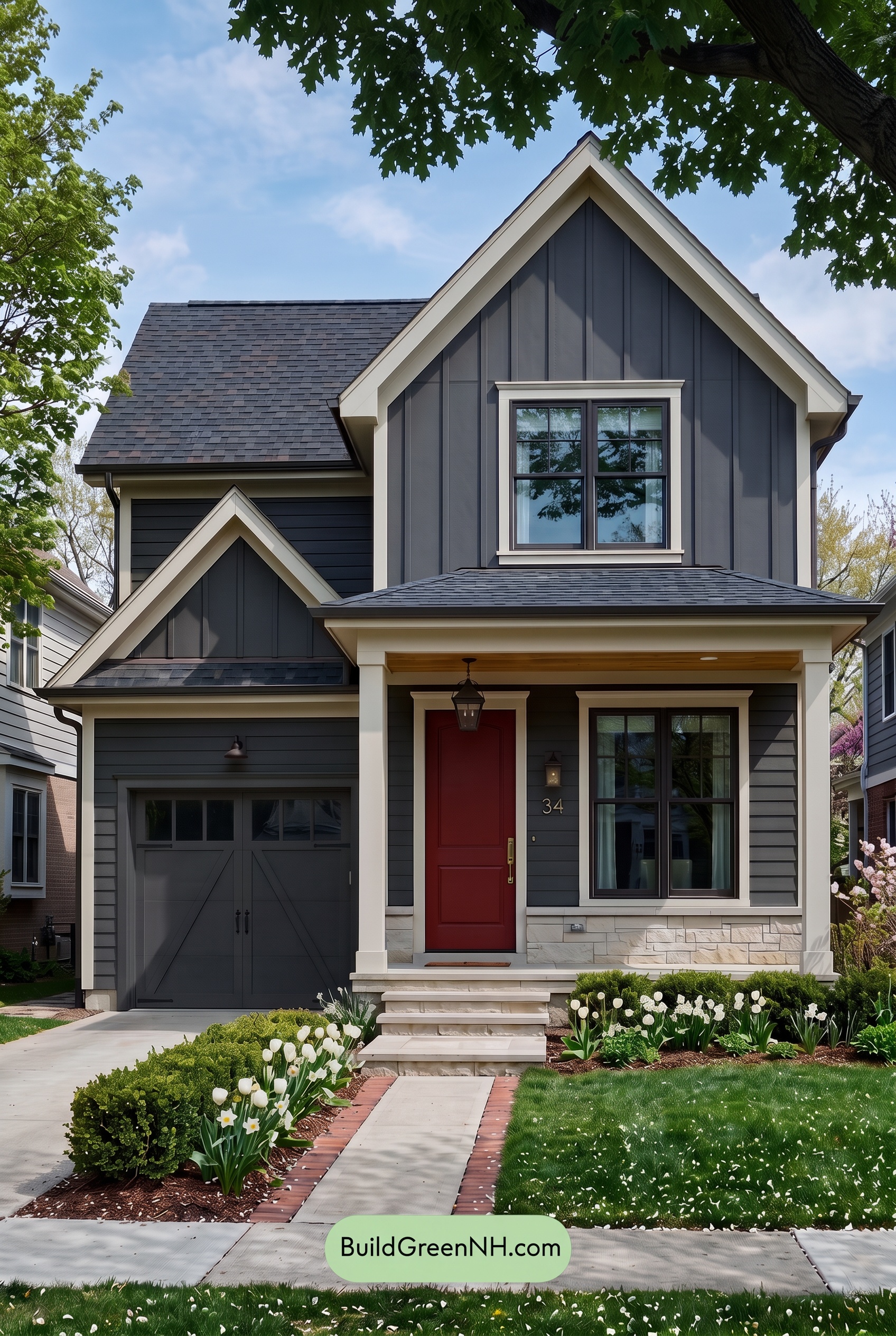 Red Front Door House Paint Color Scheme: Charcoal Cream Welcome - Shade