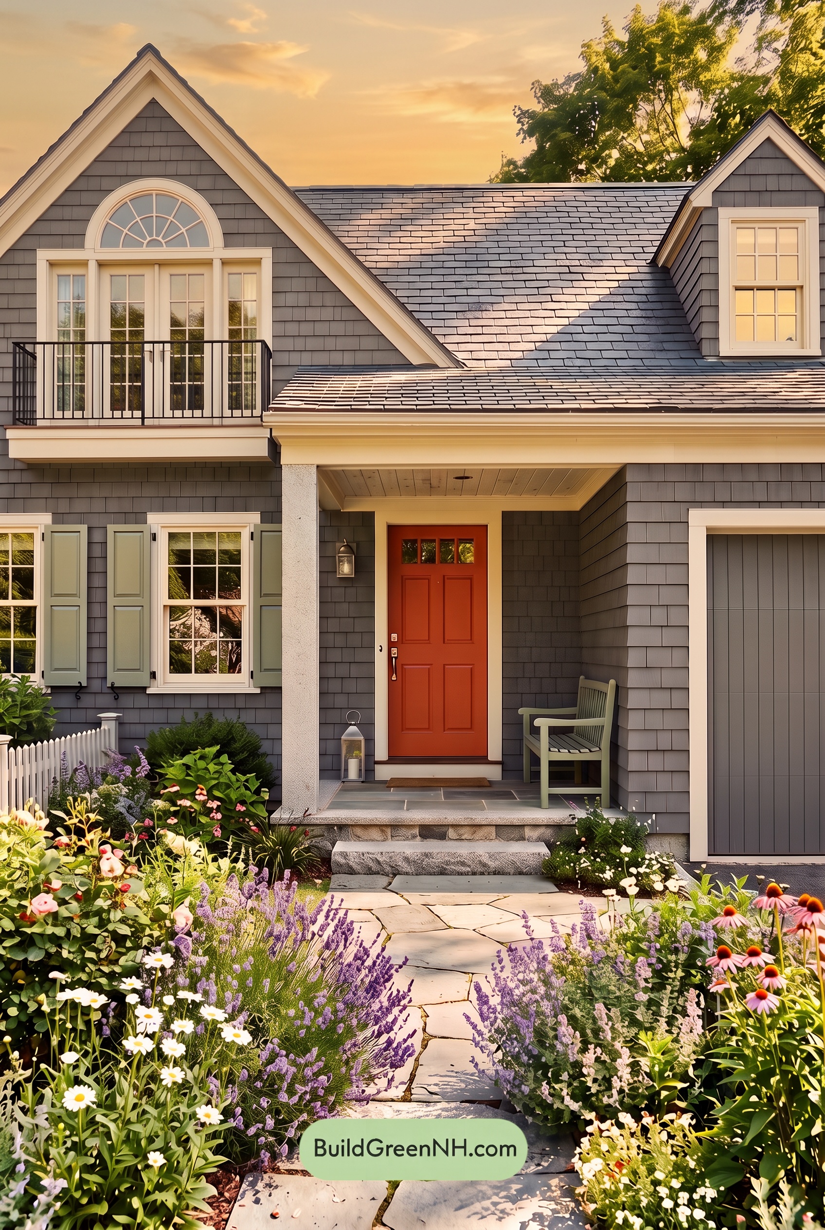 Red Front Door House Paint Color Scheme: Charcoal Sage Reverie - Golden Hour