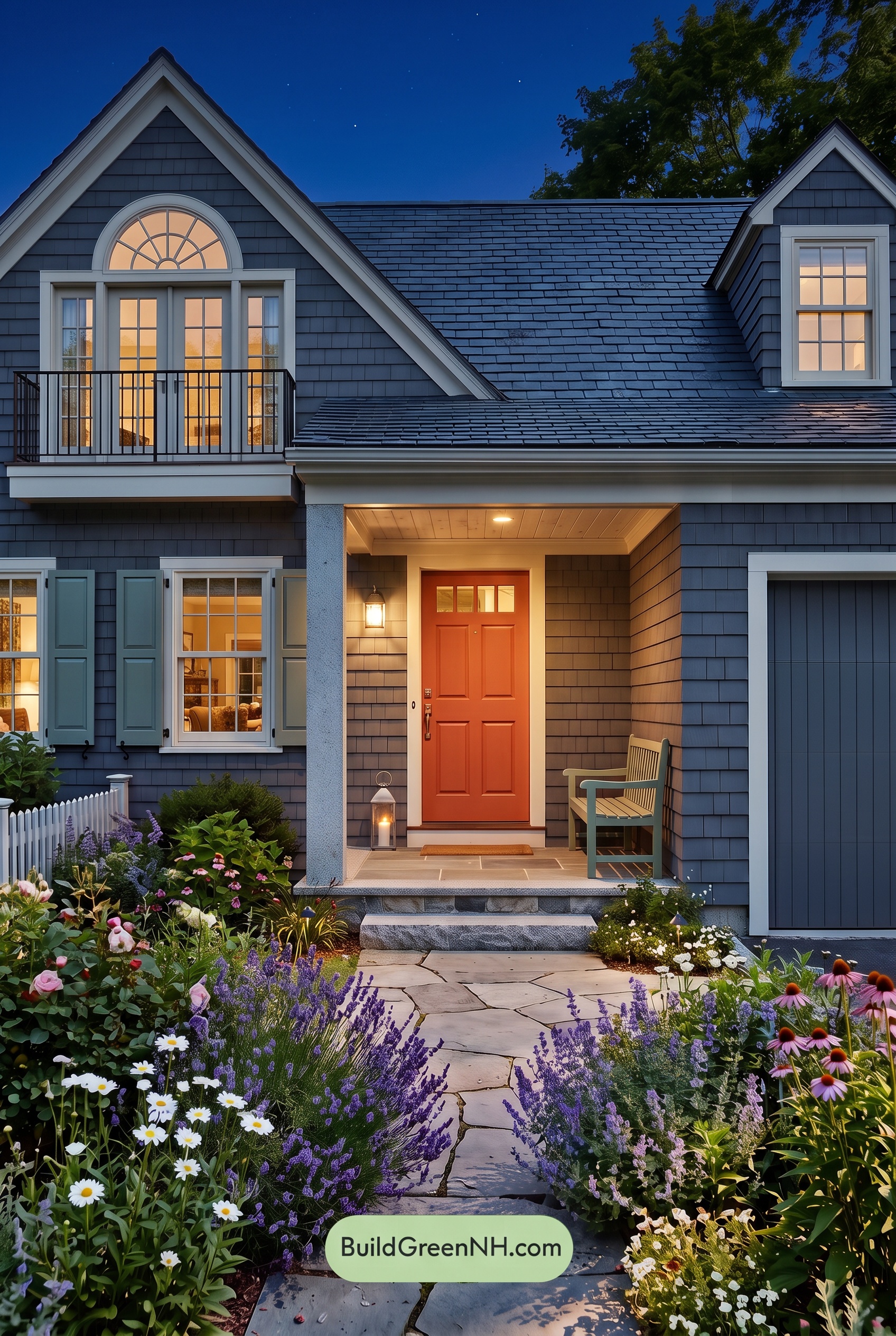 Red Front Door House Paint Color Scheme: Charcoal Sage Reverie - Nighttime