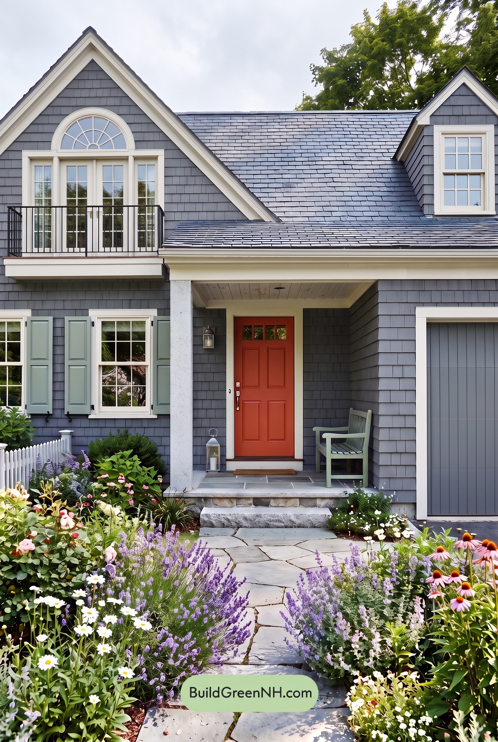 Red Front Door House Paint Color Scheme: Charcoal Sage Reverie - Overcast