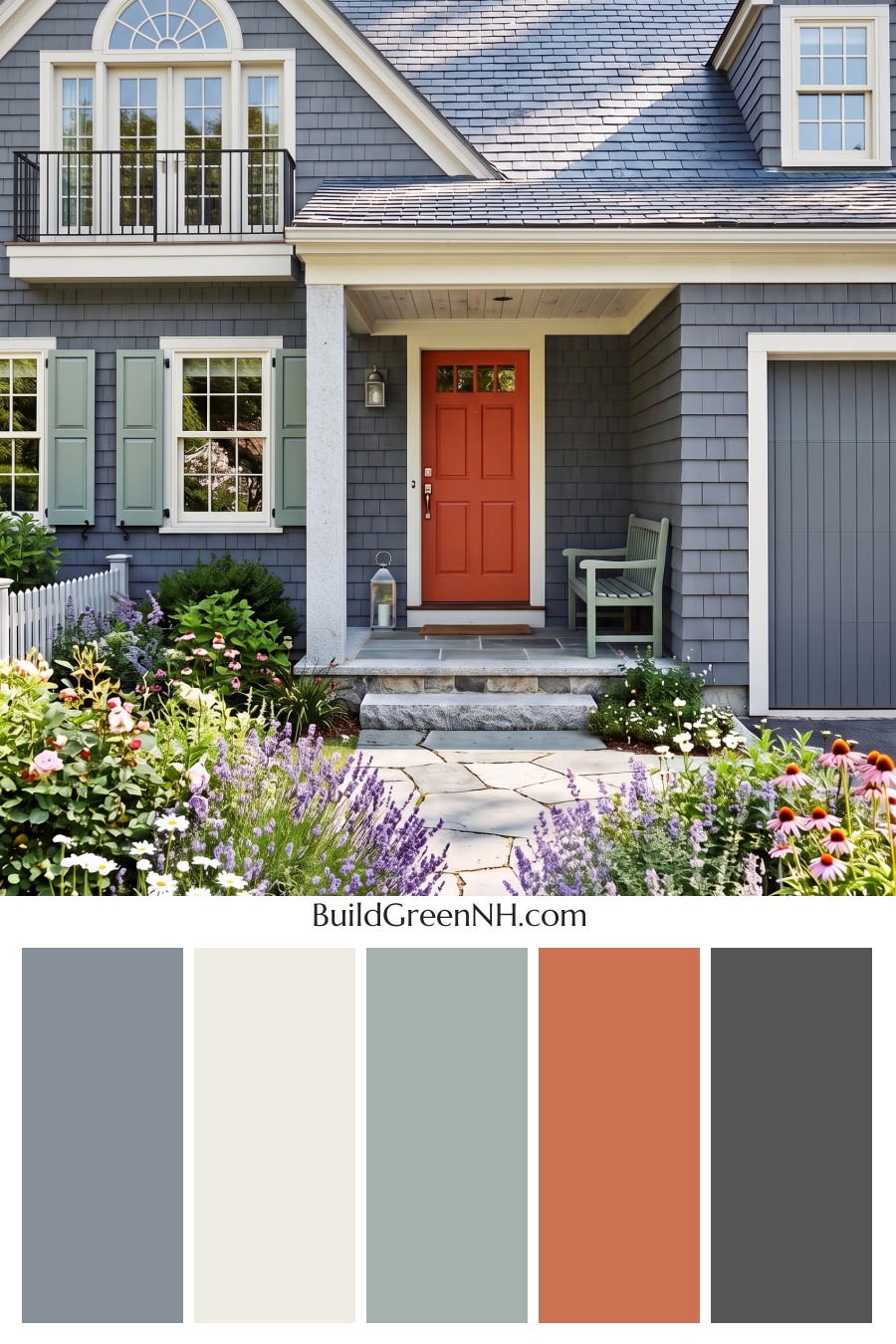 Red Front Door House Paint Color Scheme: Charcoal Sage Reverie