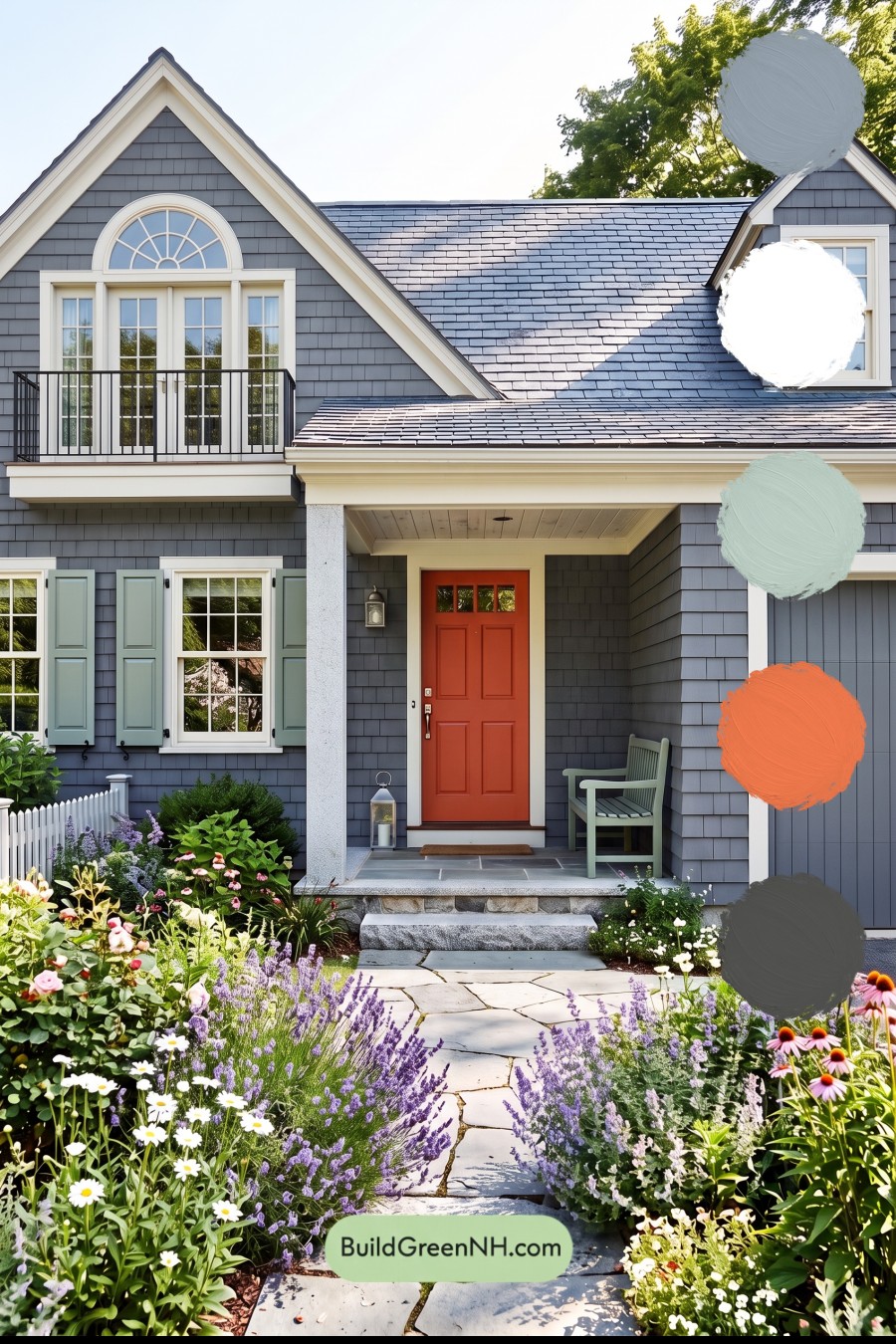 Red Front Door House Paint Color Scheme: Charcoal Sage Reverie