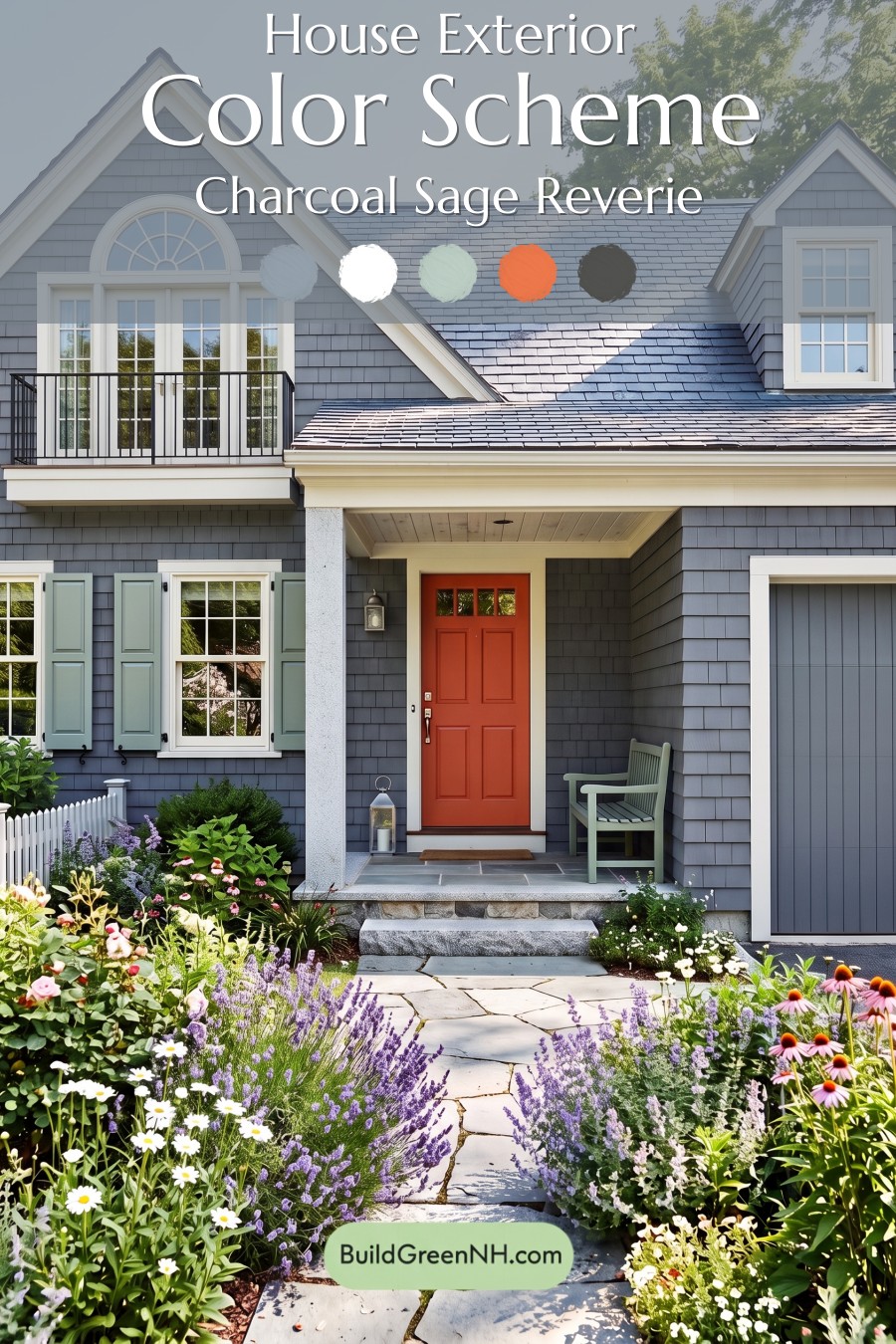 Red Front Door House Paint Color Scheme: Charcoal Sage Reverie
