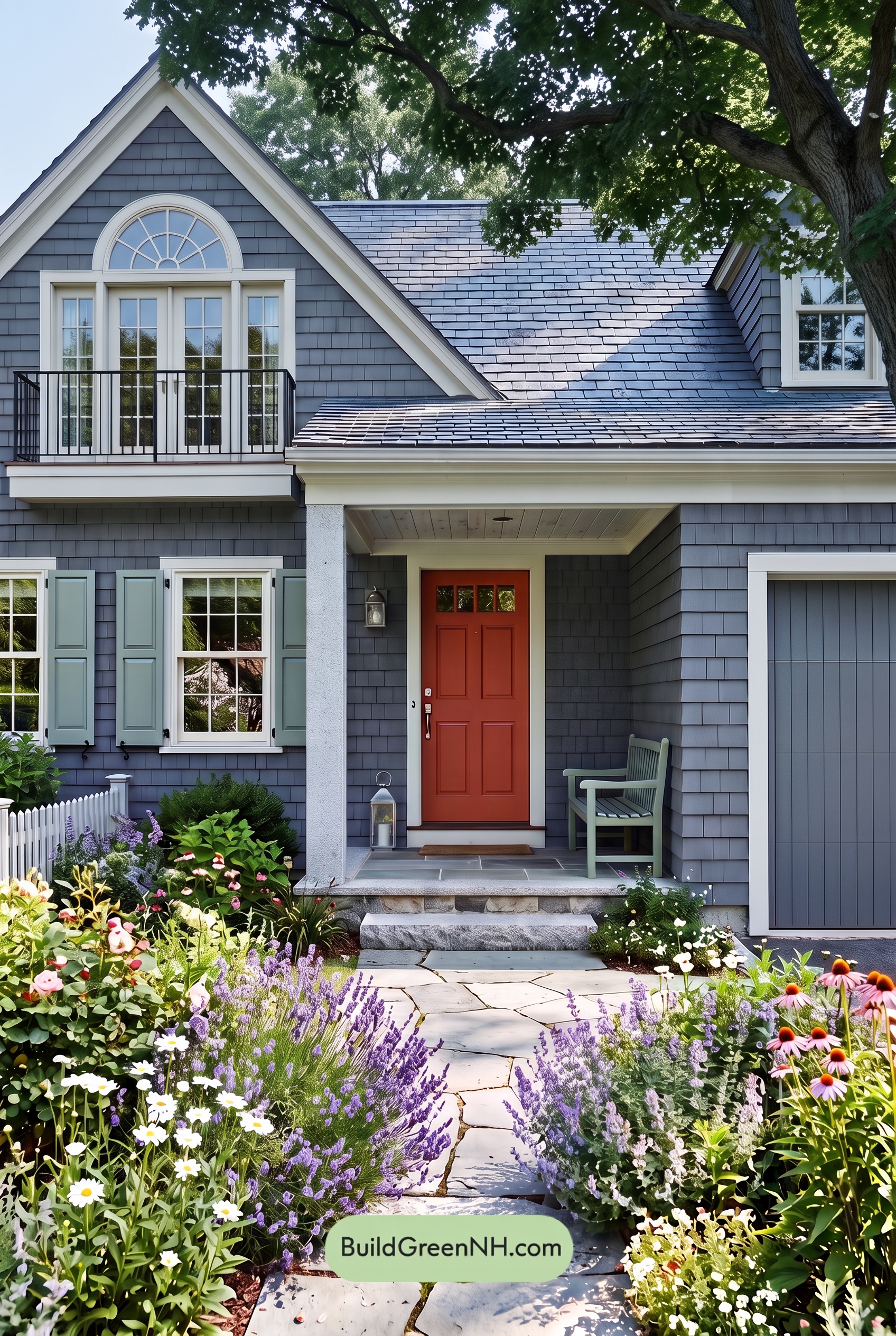 Red Front Door House Paint Color Scheme: Charcoal Sage Reverie - Shade