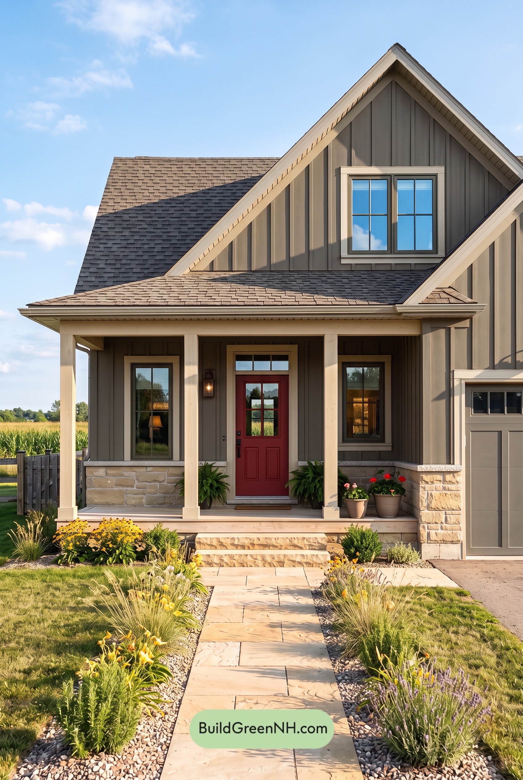 Red Front Door House Paint Color Scheme: Charcoal Sand Serenity