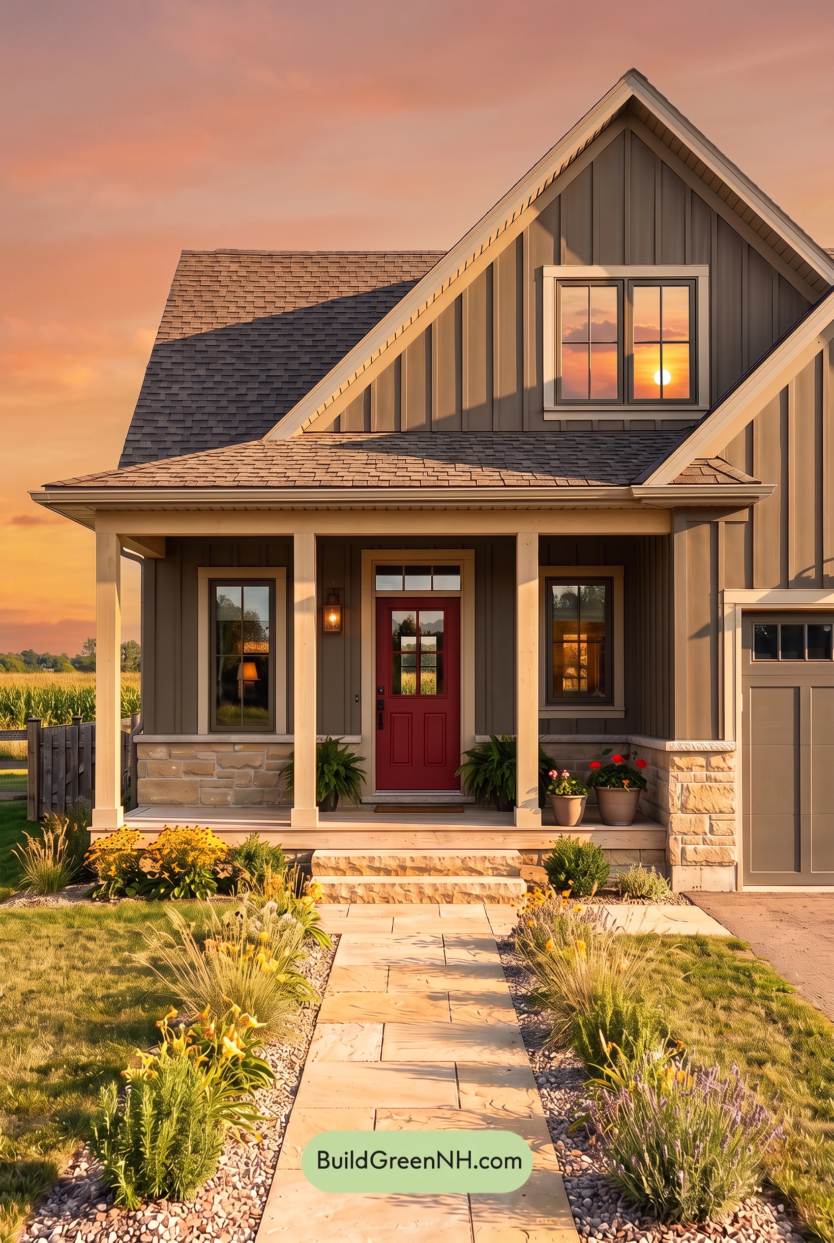 Red Front Door House Paint Color Scheme: Charcoal Sand Serenity - Golden Hour