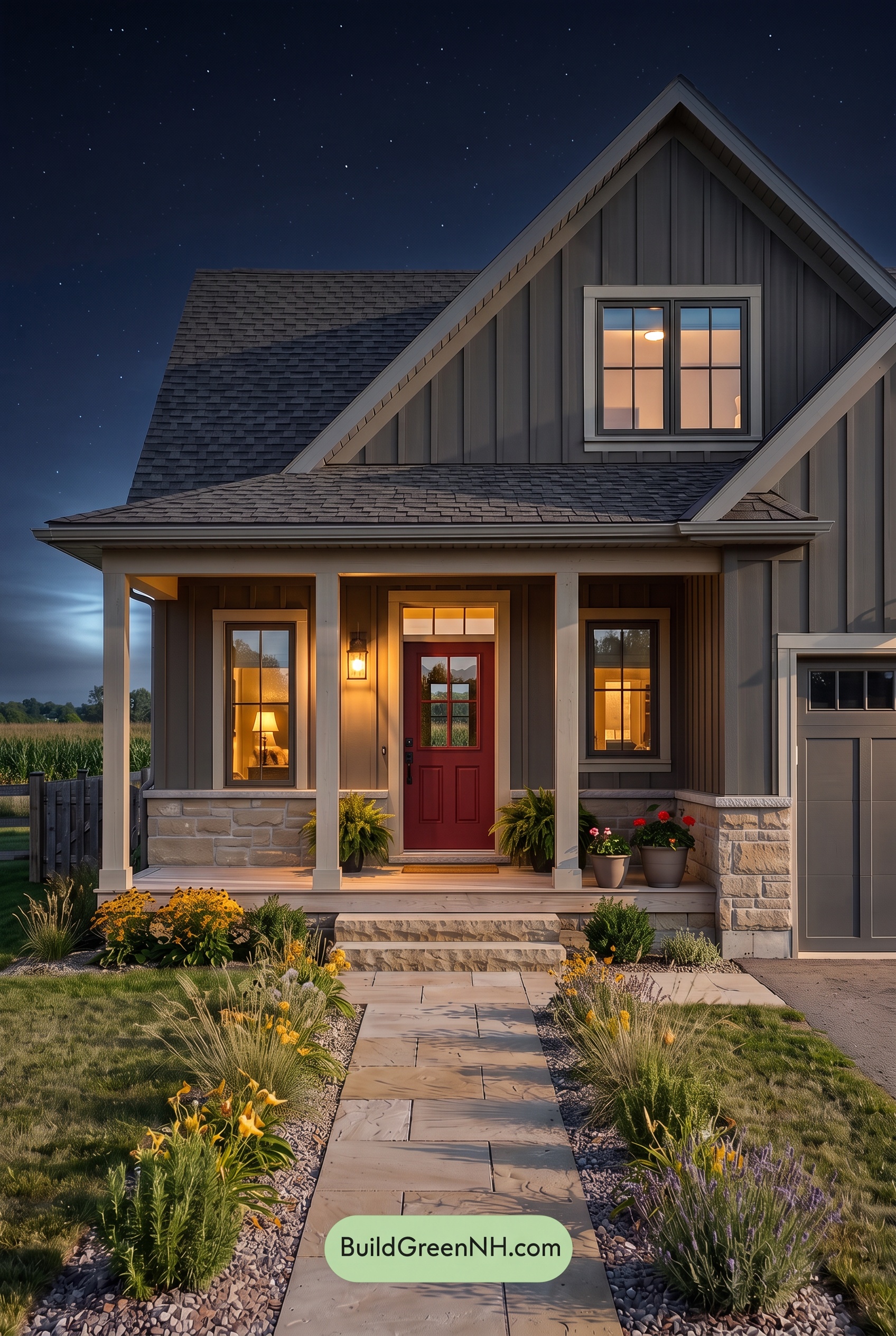 Red Front Door House Paint Color Scheme: Charcoal Sand Serenity - Nighttime