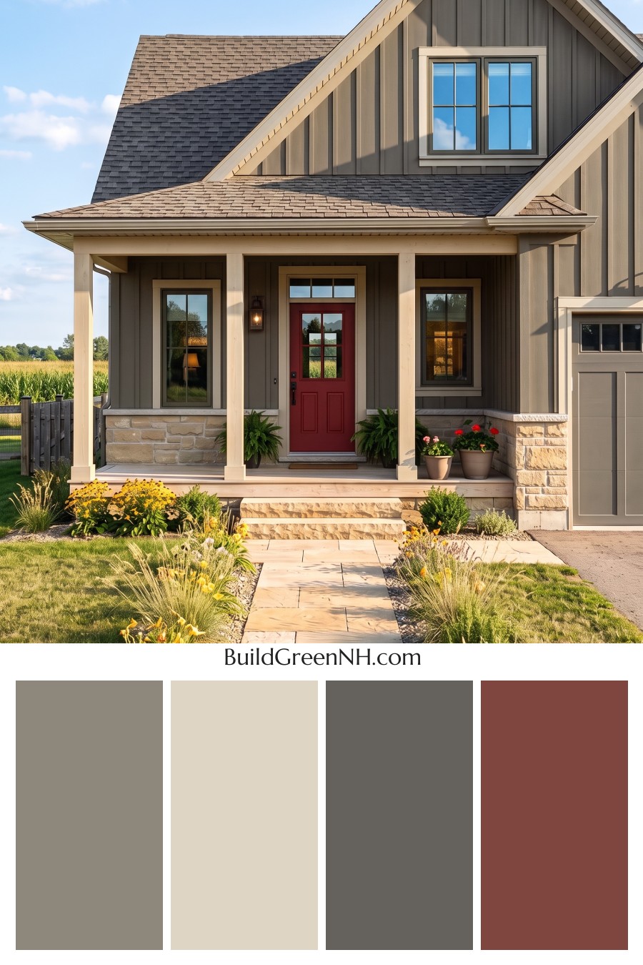 Red Front Door House Paint Color Scheme: Charcoal Sand Serenity