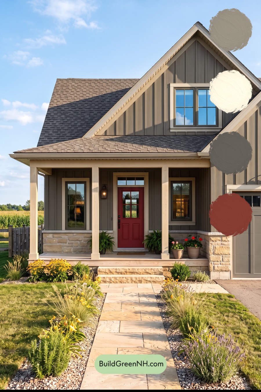 Red Front Door House Paint Color Scheme: Charcoal Sand Serenity