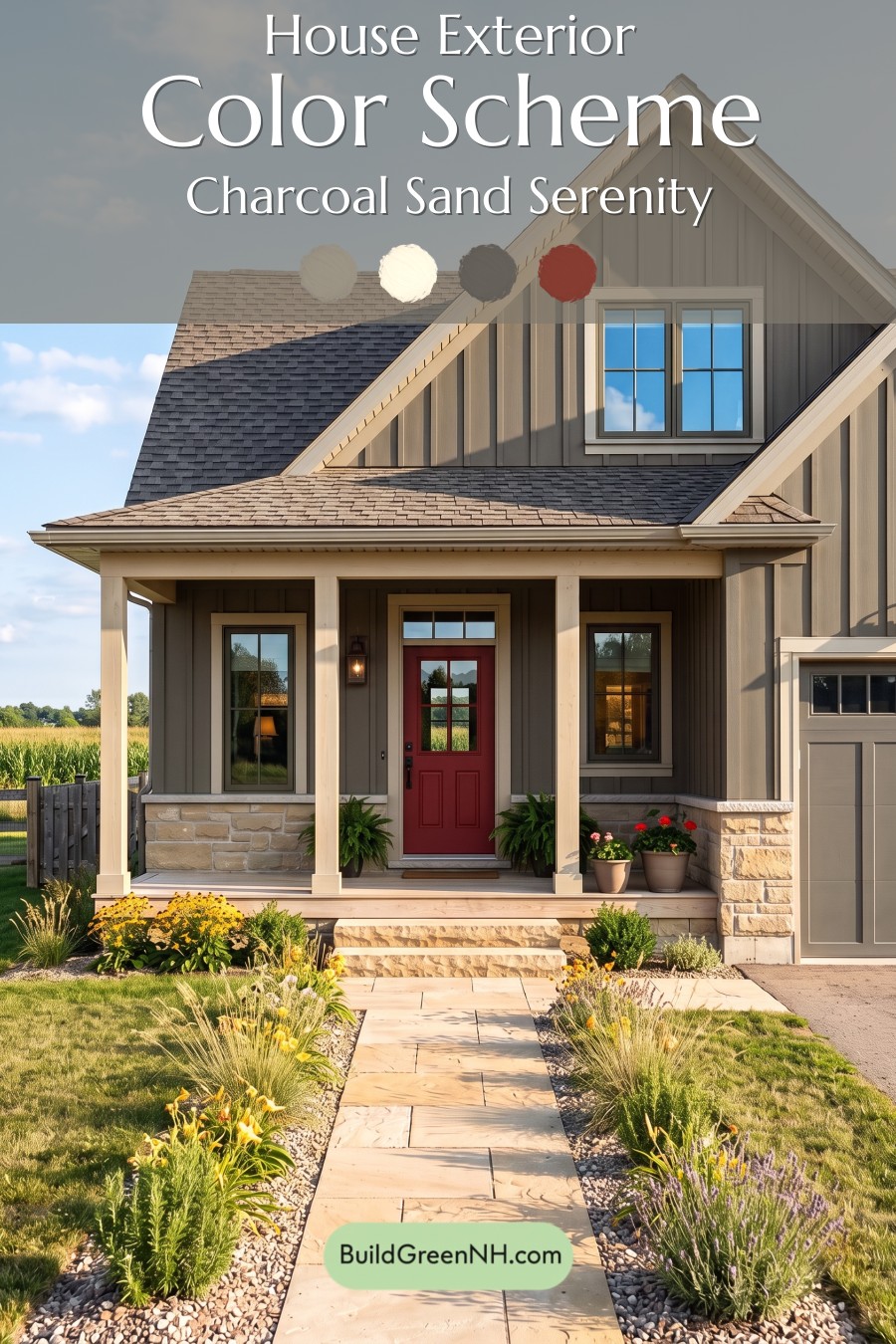 Red Front Door House Paint Color Scheme: Charcoal Sand Serenity