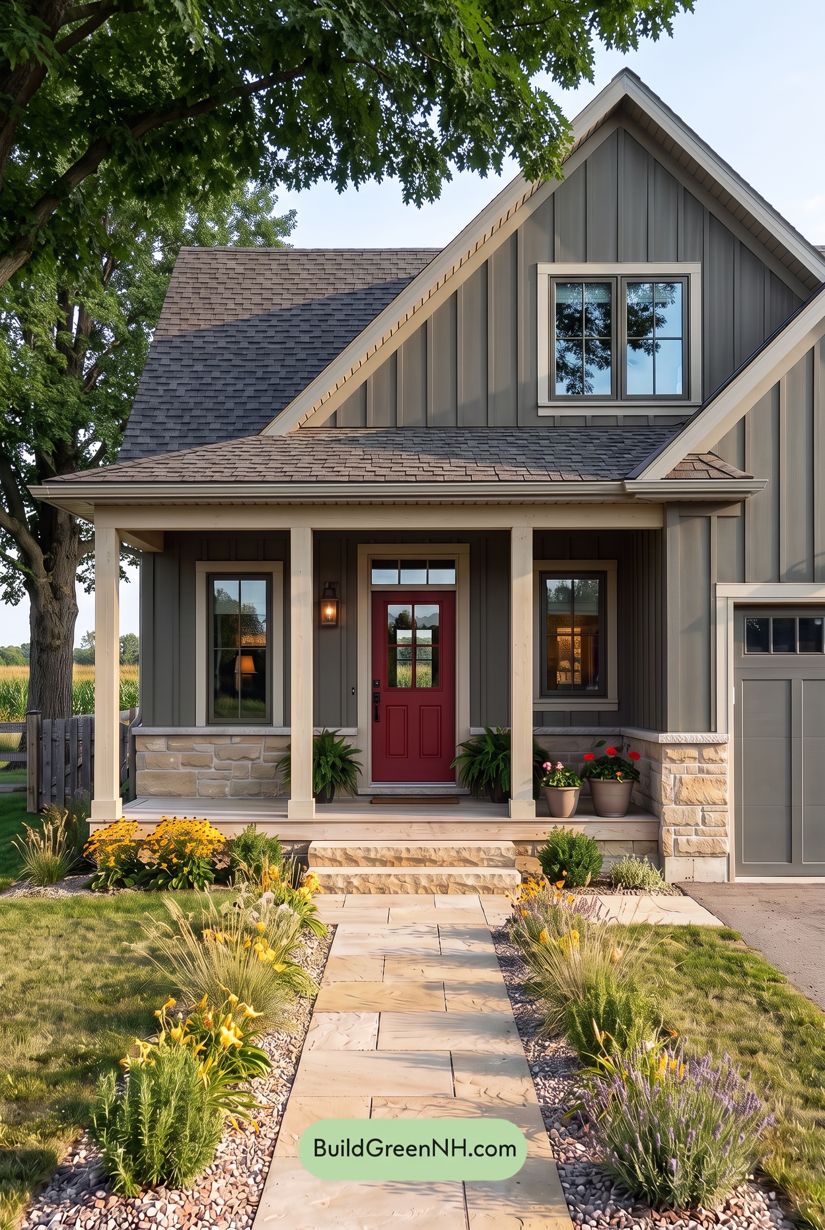 Red Front Door House Paint Color Scheme: Charcoal Sand Serenity - Shade