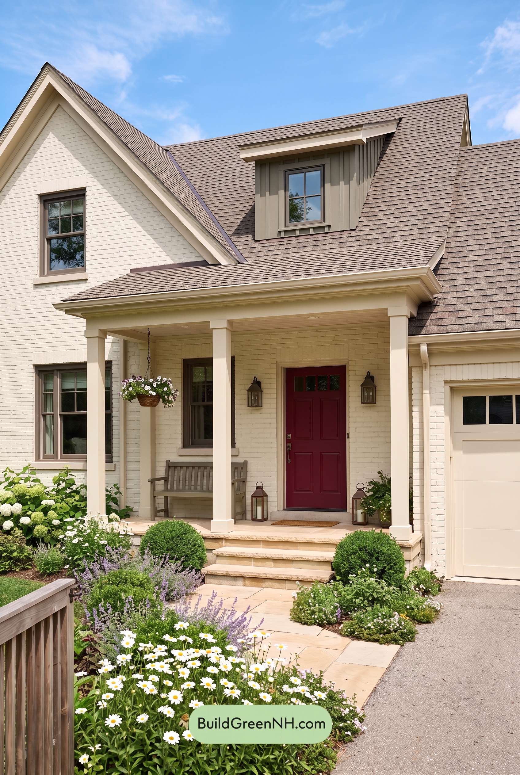 Red Front Door House Paint Color Scheme: Cream Ruby Hush