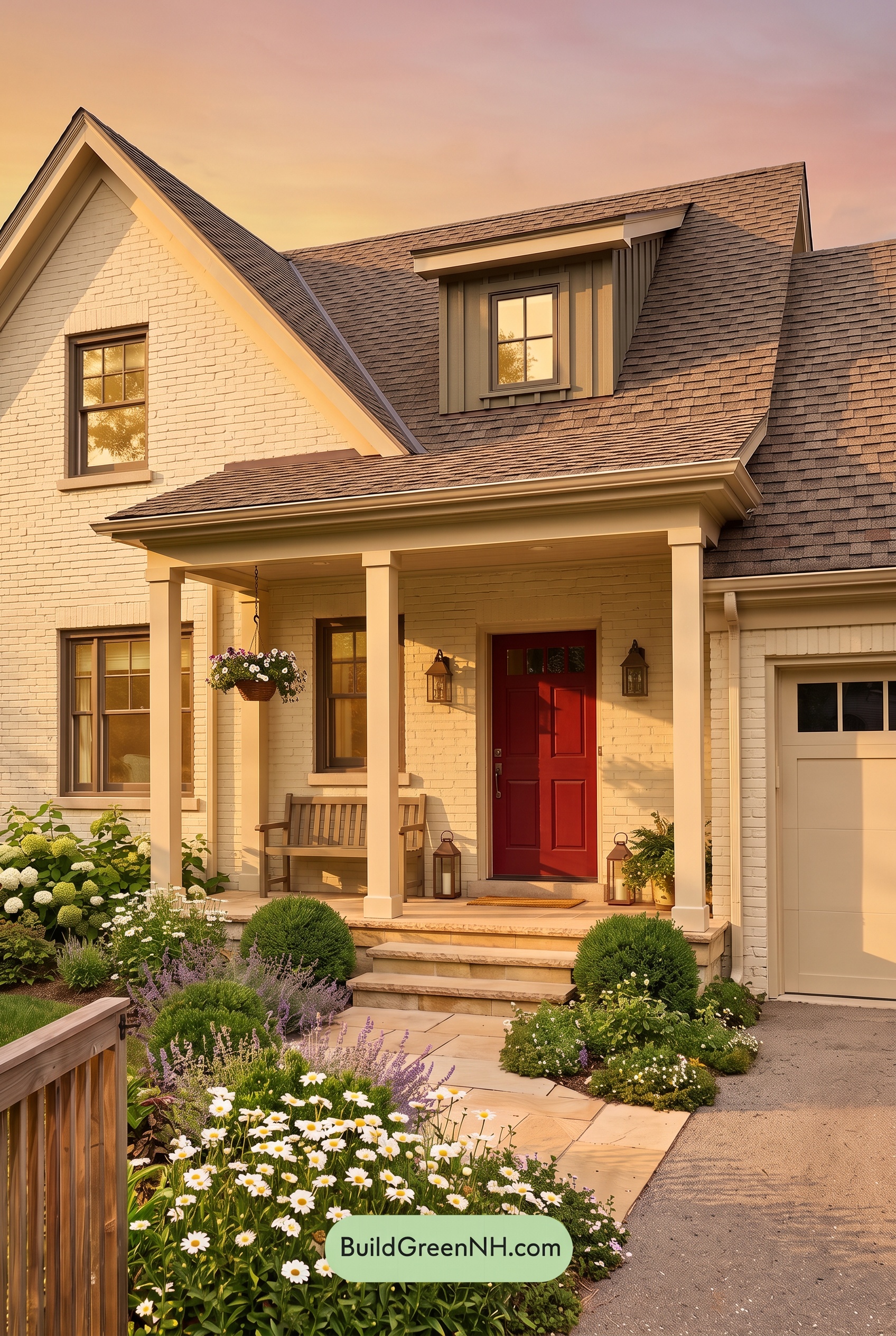 Red Front Door House Paint Color Scheme: Cream Ruby Hush - Golden Hour