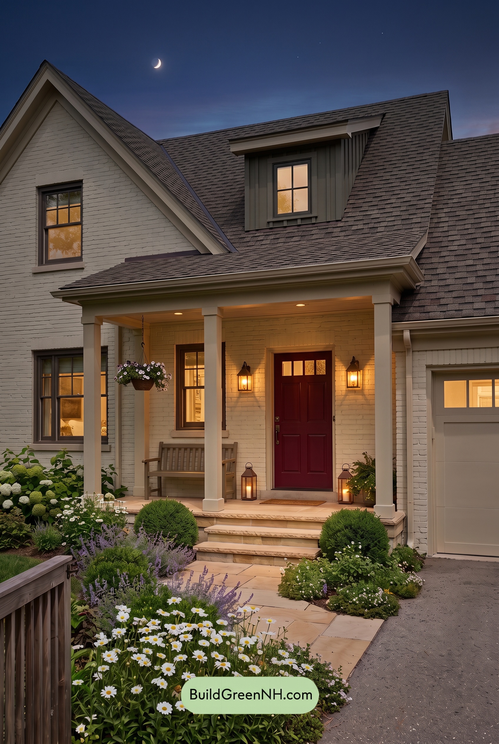 Red Front Door House Paint Color Scheme: Cream Ruby Hush - Nighttime