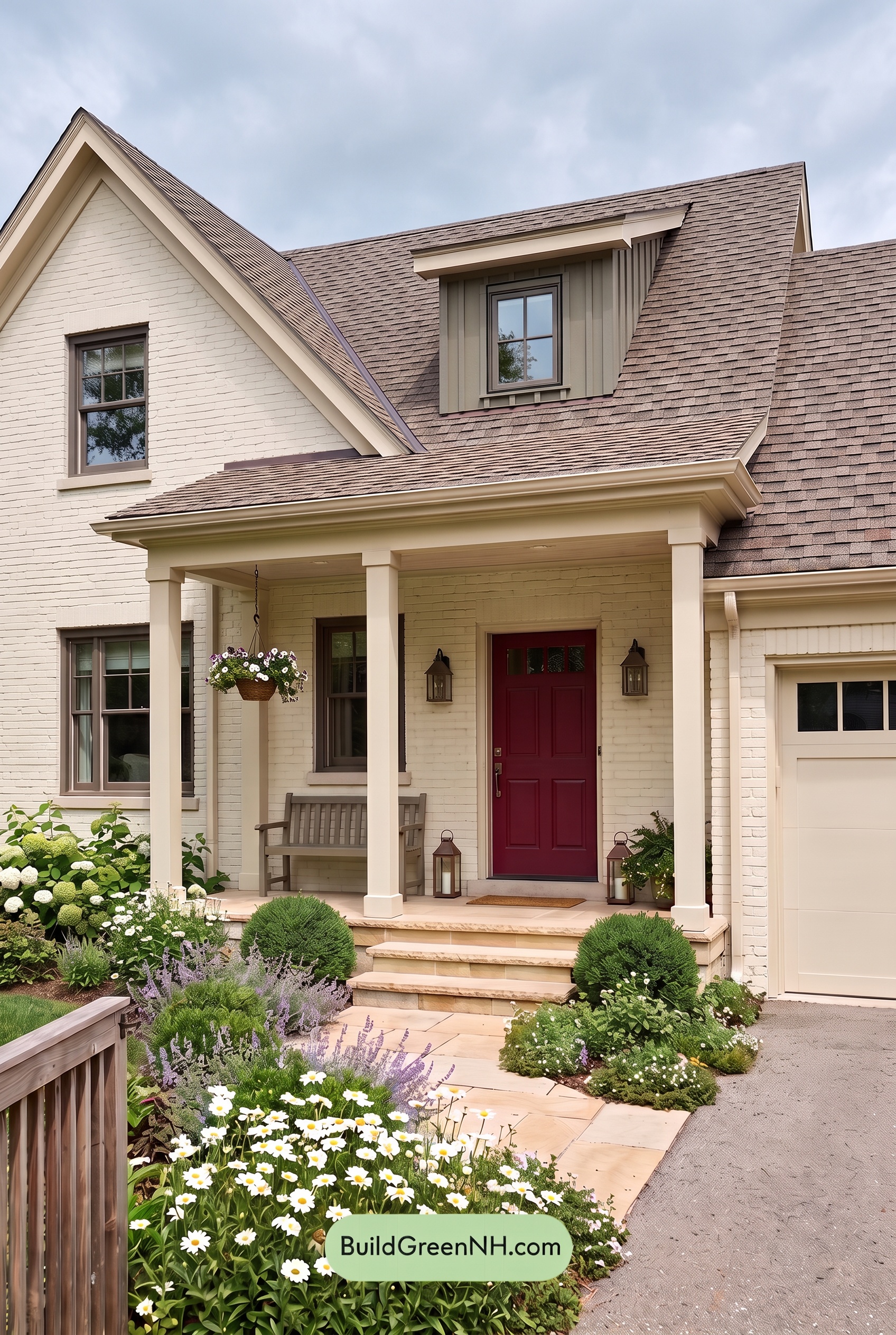 Red Front Door House Paint Color Scheme: Cream Ruby Hush - Overcast