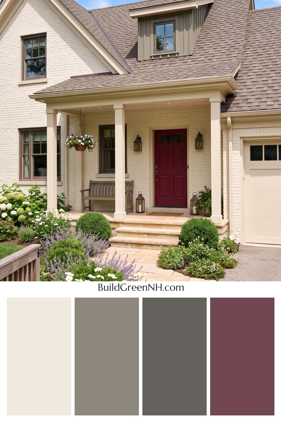 Red Front Door House Paint Color Scheme: Cream Ruby Hush