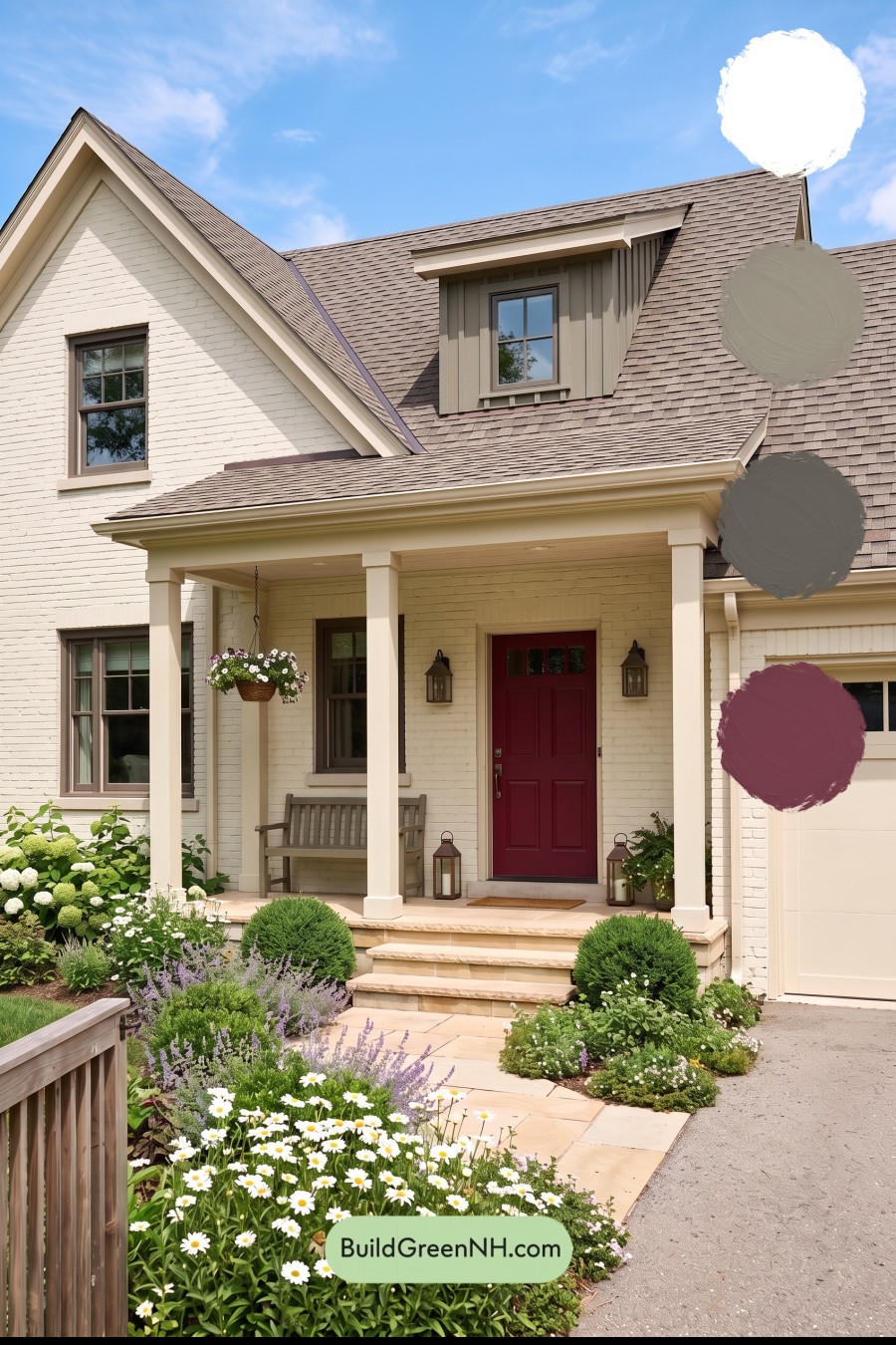 Red Front Door House Paint Color Scheme: Cream Ruby Hush
