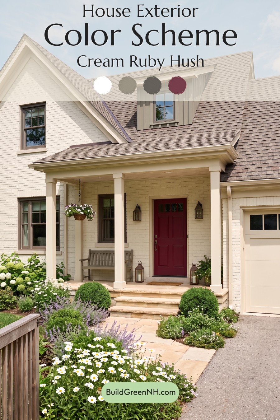 Red Front Door House Paint Color Scheme: Cream Ruby Hush