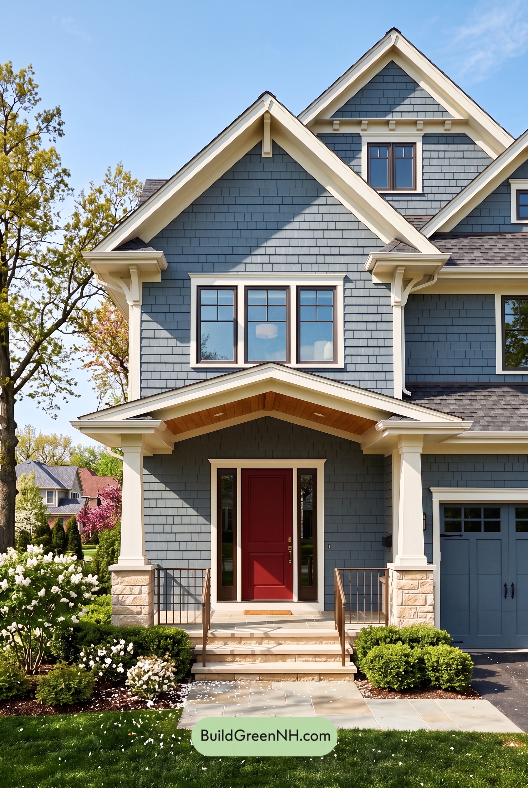 Red Front Door House Paint Color Scheme: Denim Blue Homecoming