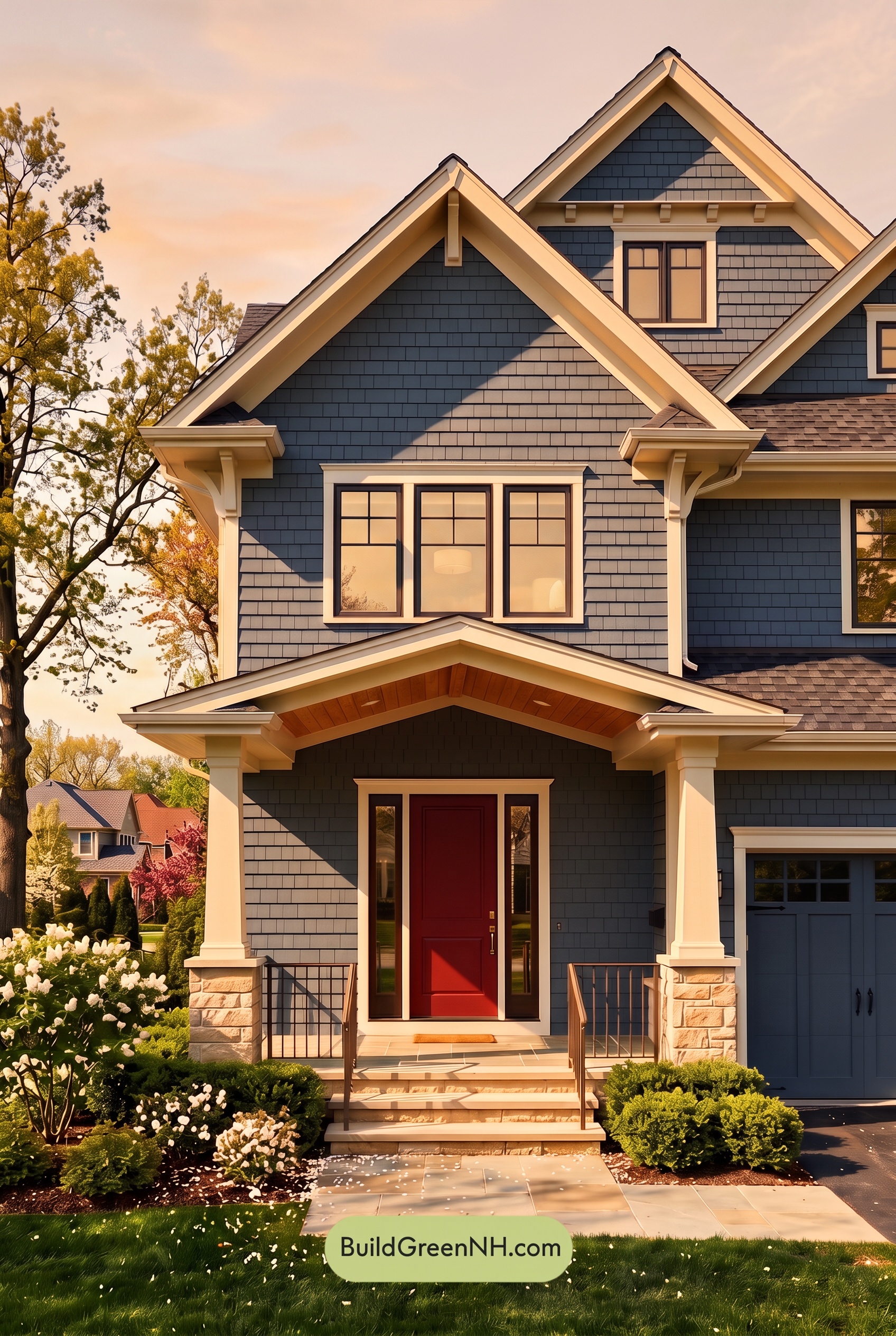 Red Front Door House Paint Color Scheme: Denim Blue Homecoming - Golden Hour
