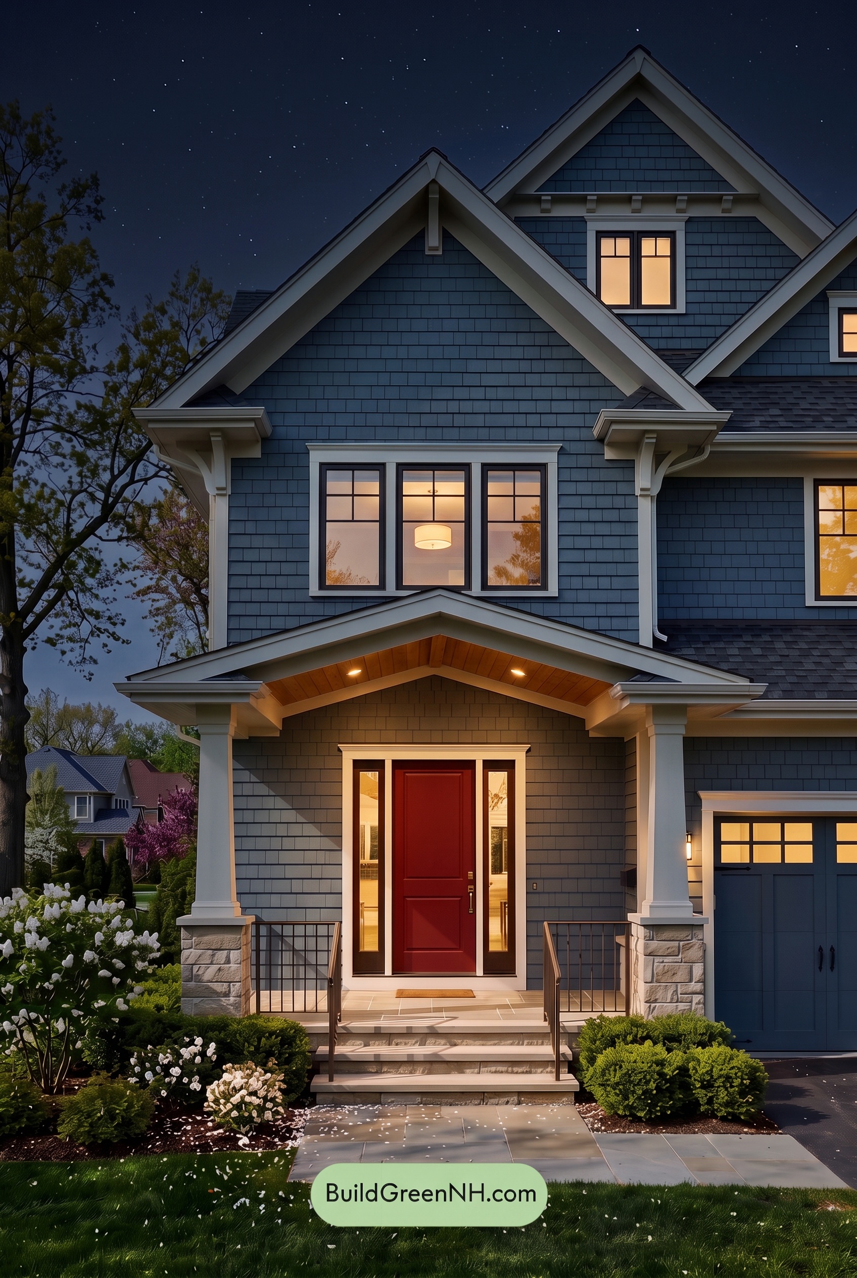 Red Front Door House Paint Color Scheme: Denim Blue Homecoming - Nighttime