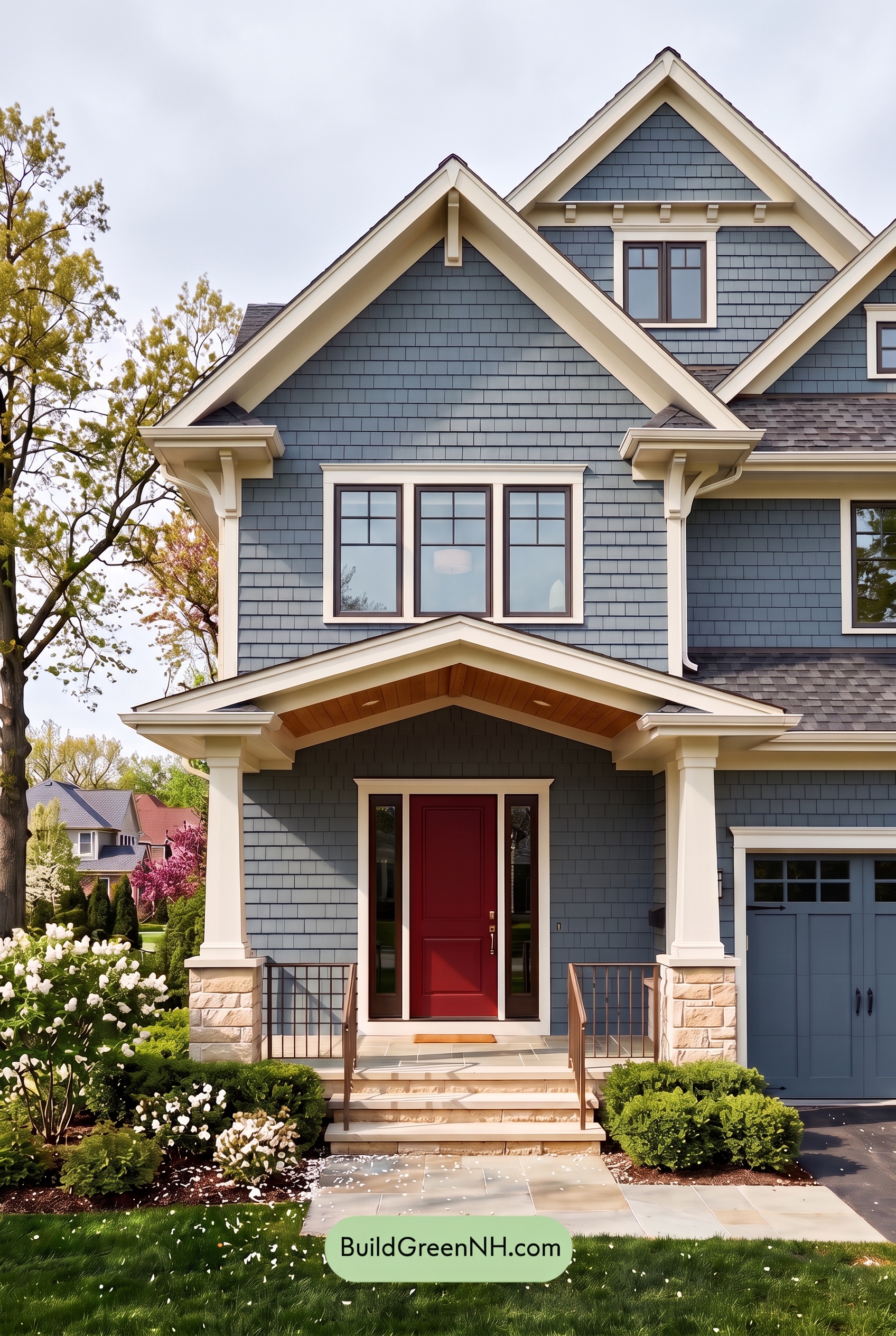 Red Front Door House Paint Color Scheme: Denim Blue Homecoming - Overcast