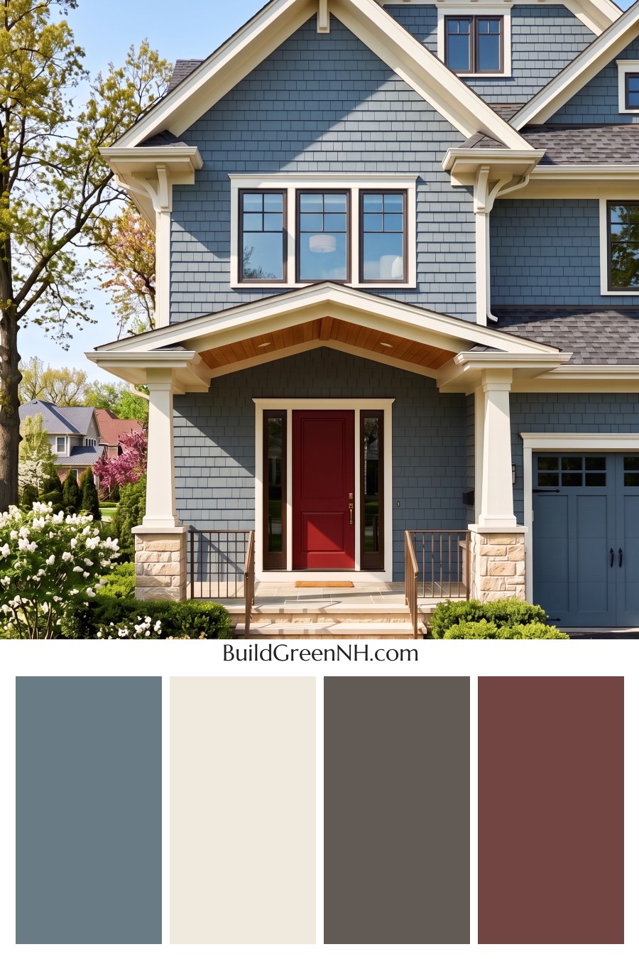 Red Front Door House Paint Color Scheme: Denim Blue Homecoming