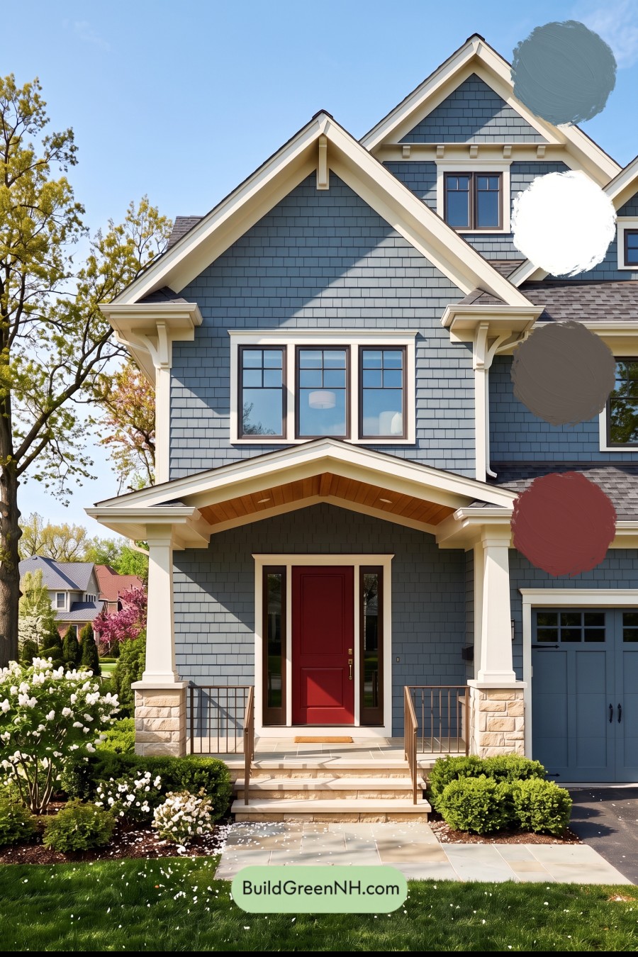 Red Front Door House Paint Color Scheme: Denim Blue Homecoming