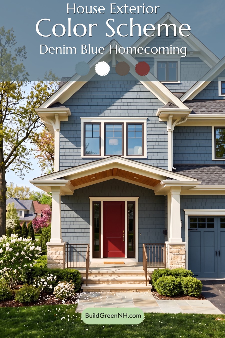 Red Front Door House Paint Color Scheme: Denim Blue Homecoming