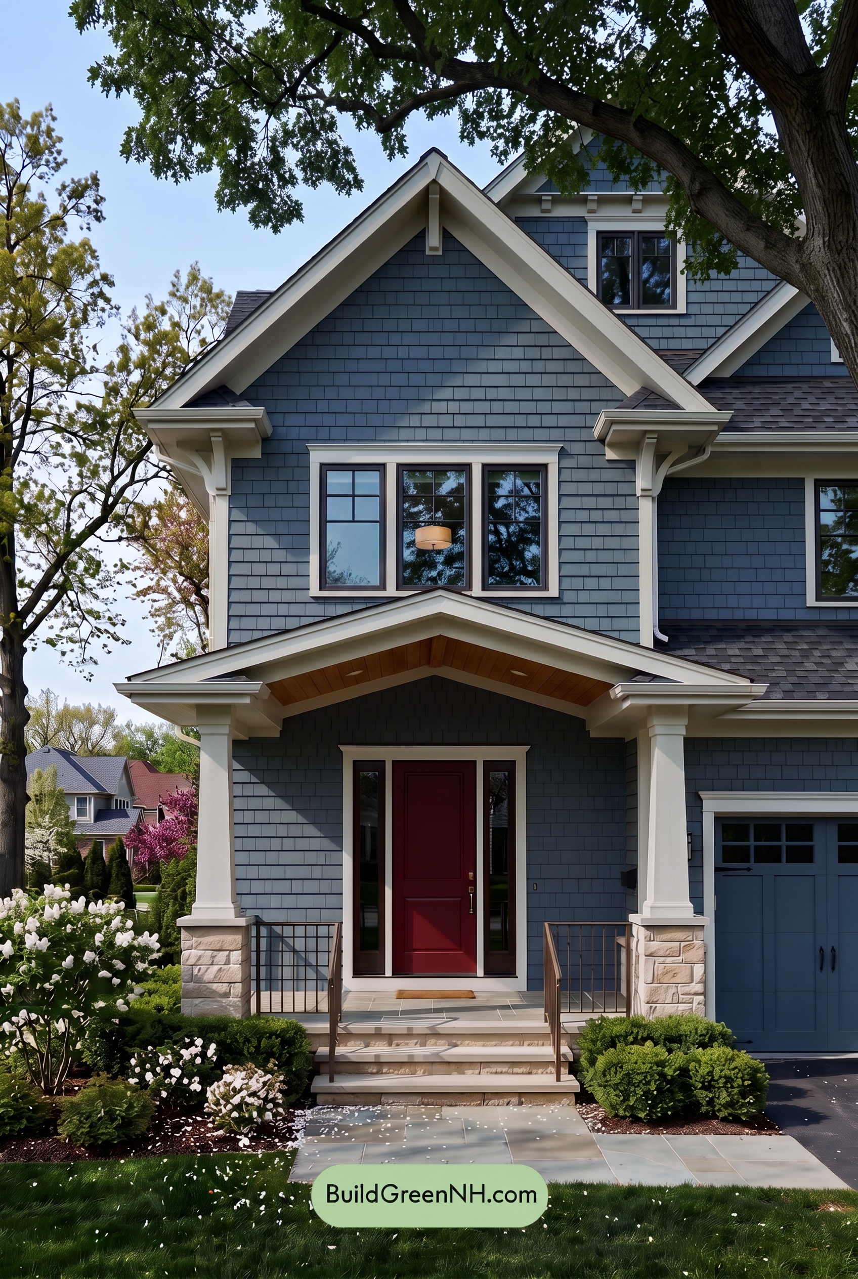 Red Front Door House Paint Color Scheme: Denim Blue Homecoming - Shade