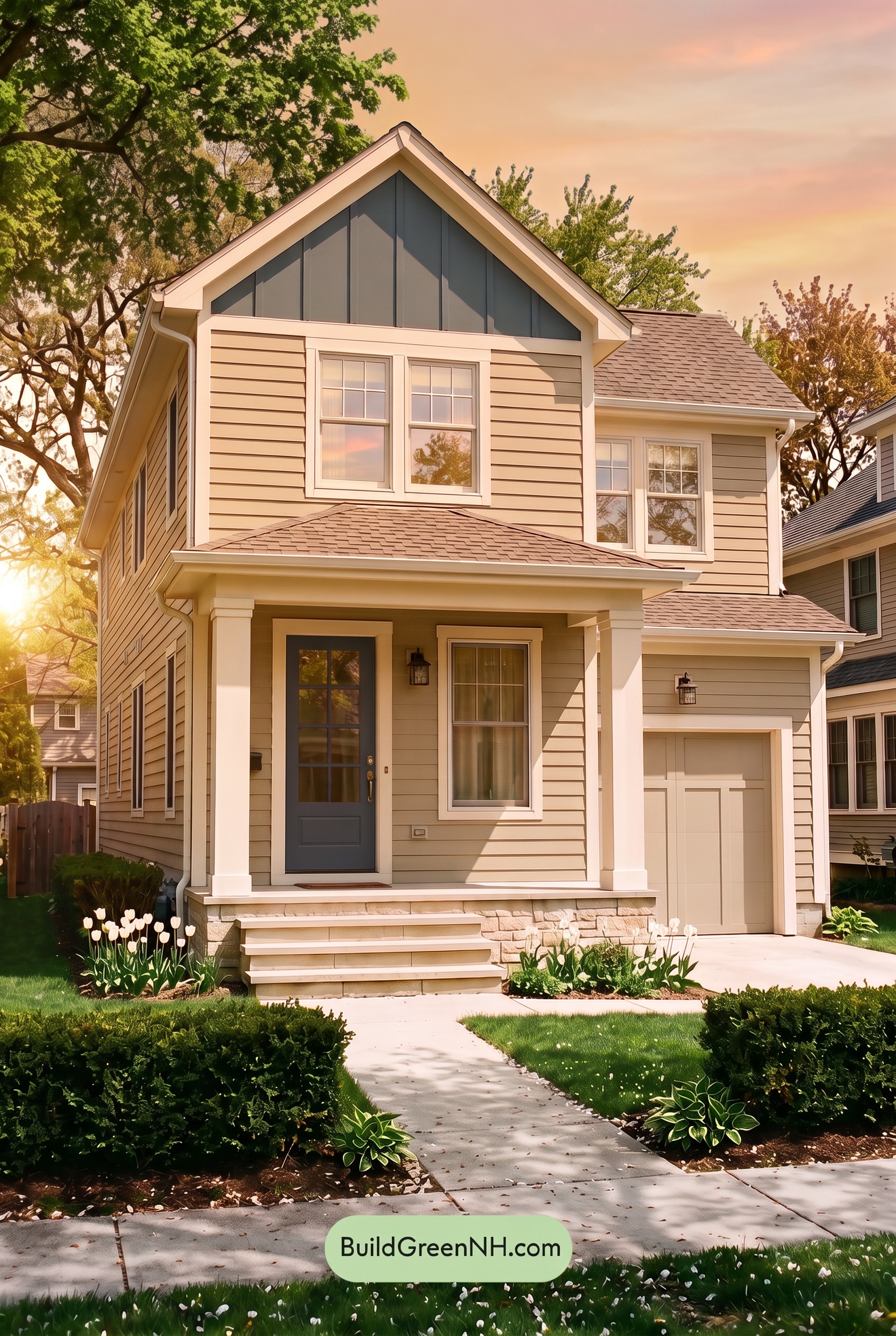 Red Front Door House Paint Color Scheme: Ivory Crimson Poise - Golden Hour
