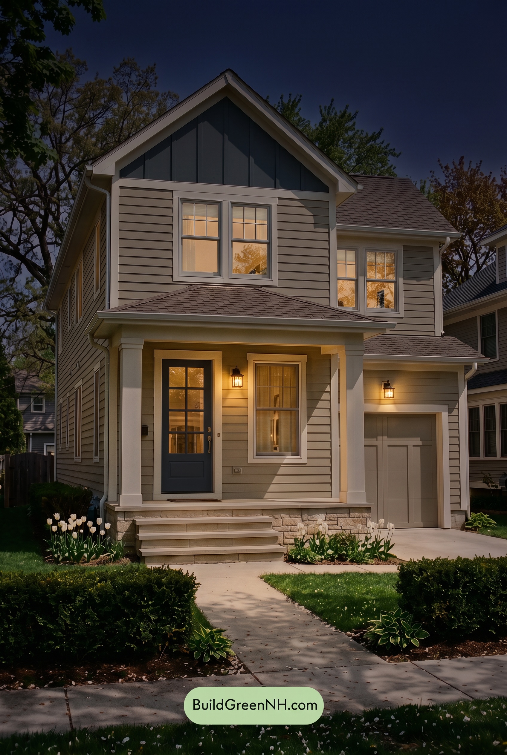Red Front Door House Paint Color Scheme: Ivory Crimson Poise - Nighttime