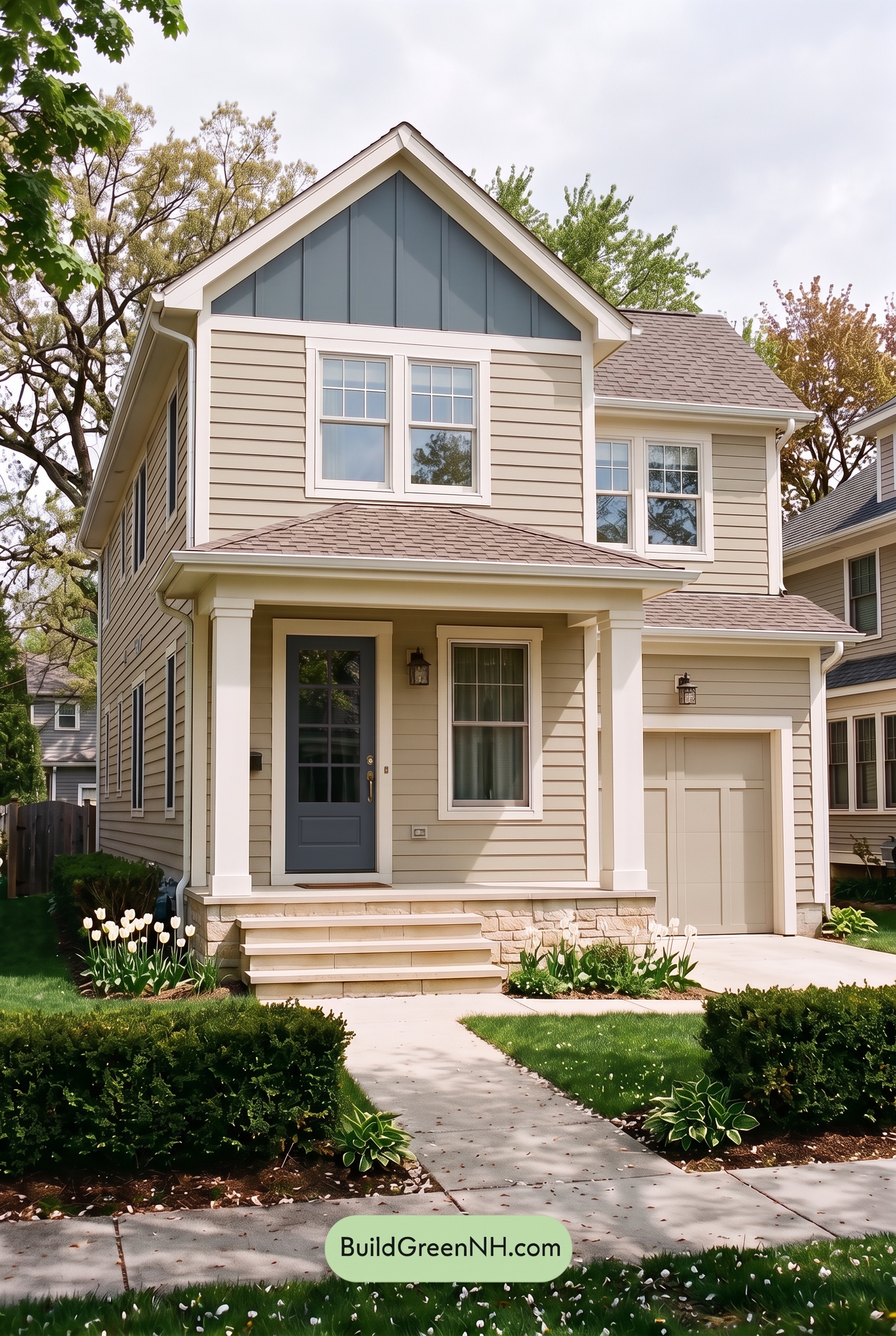 Red Front Door House Paint Color Scheme: Ivory Crimson Poise - Overcast