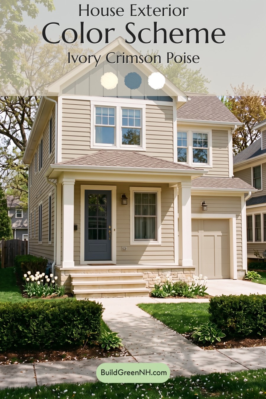 Red Front Door House Paint Color Scheme: Ivory Crimson Poise