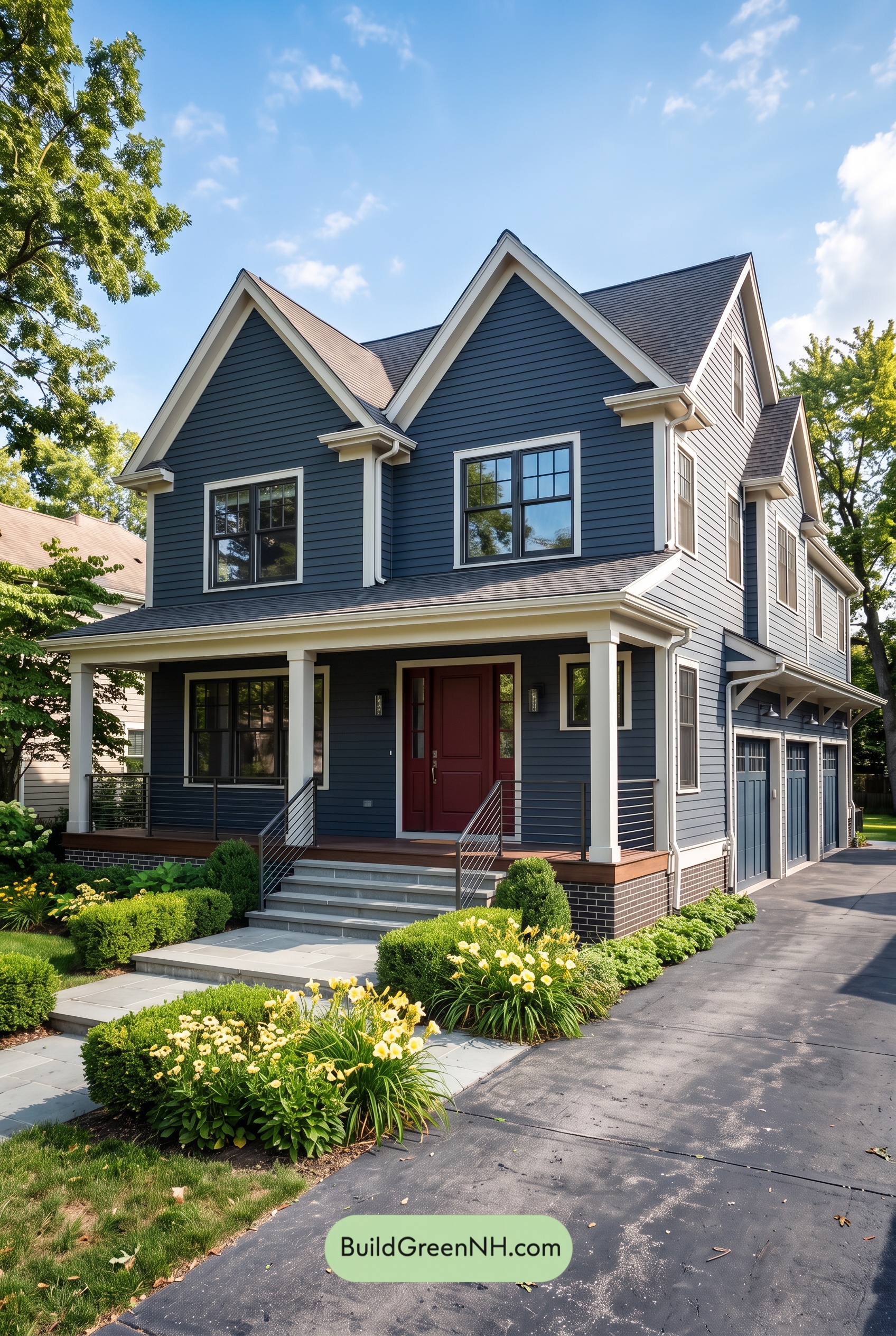 Red Front Door House Paint Color Scheme: Midnight Blue Assurance