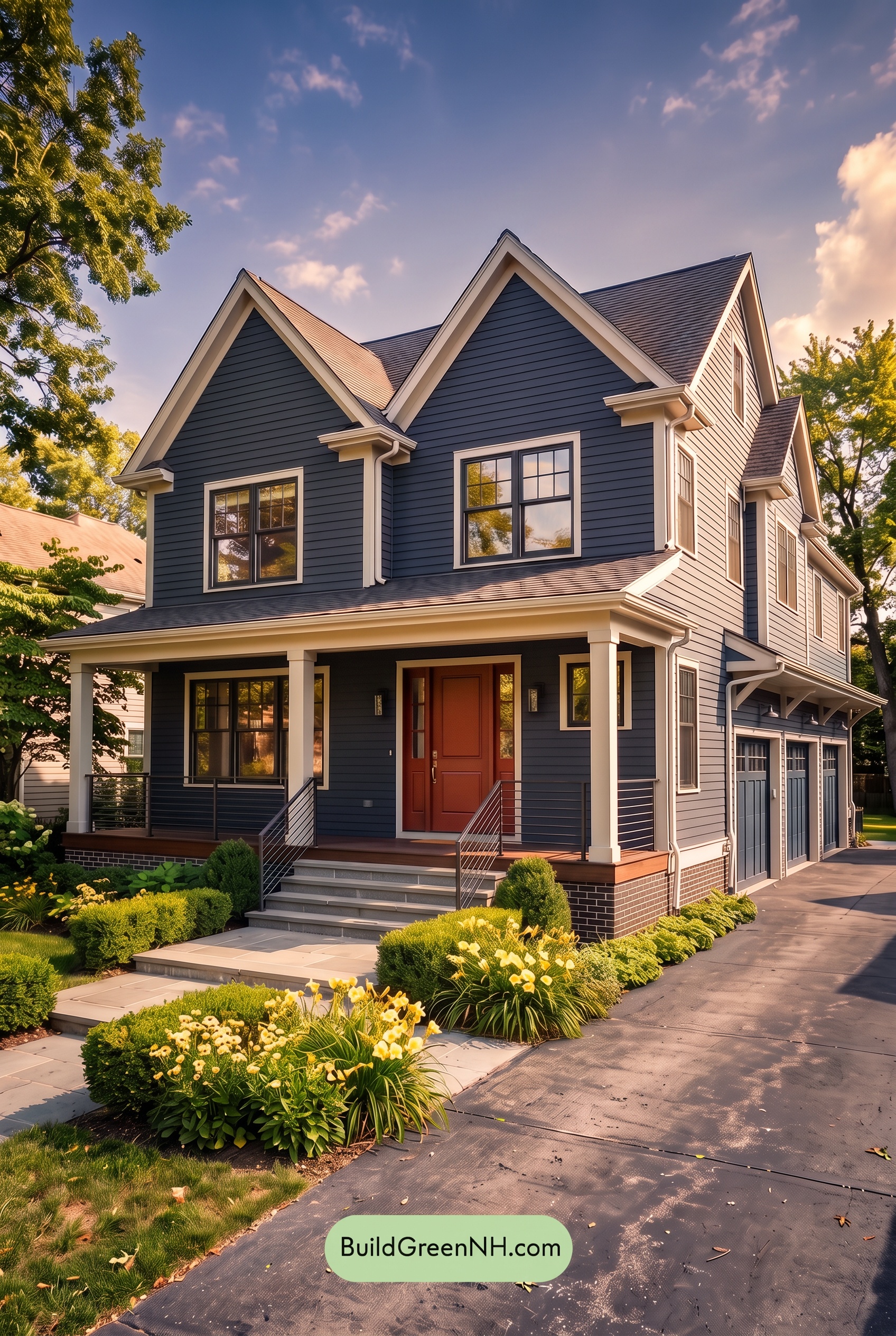 Red Front Door House Paint Color Scheme: Midnight Blue Assurance - Golden Hour