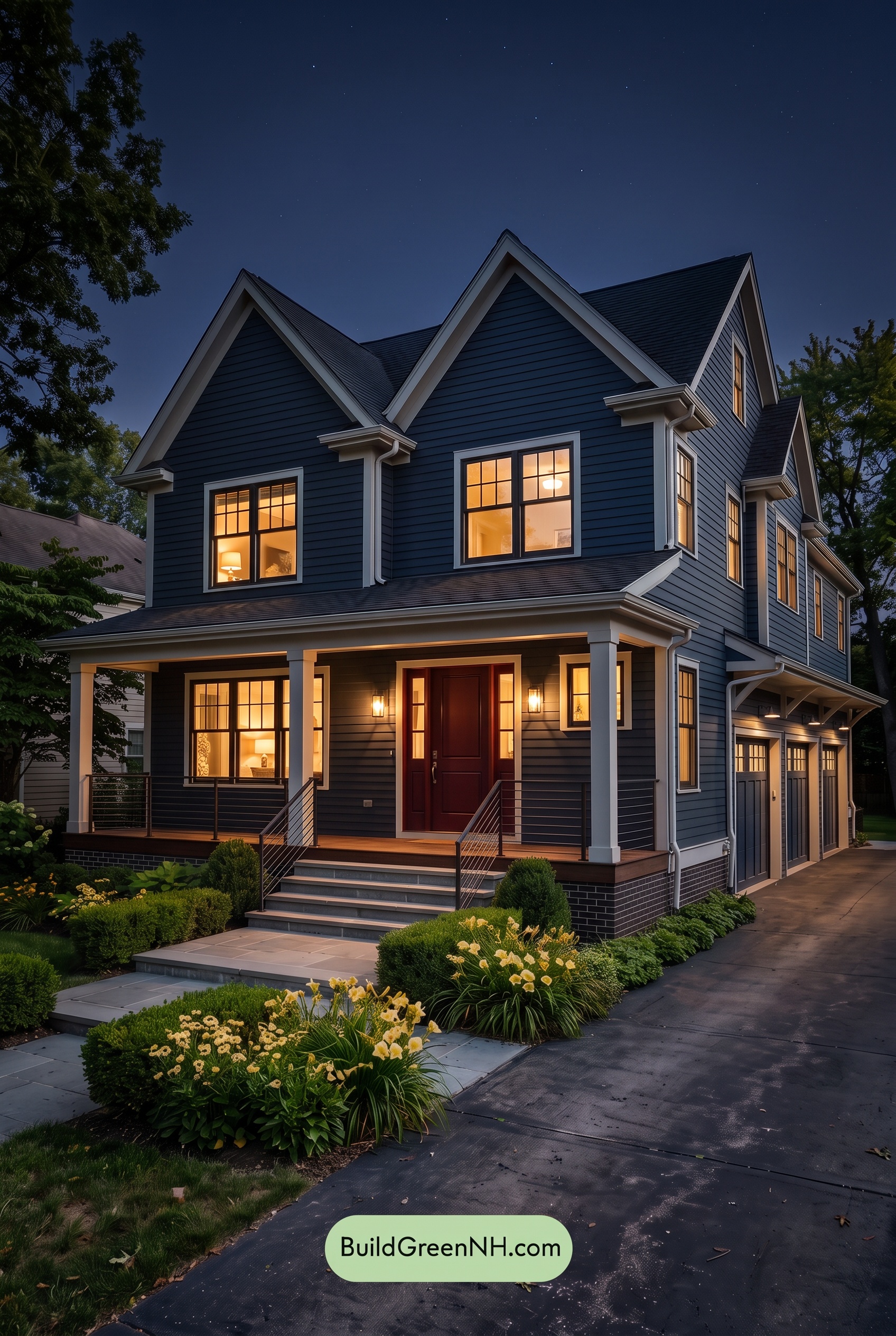 Red Front Door House Paint Color Scheme: Midnight Blue Assurance - Nighttime