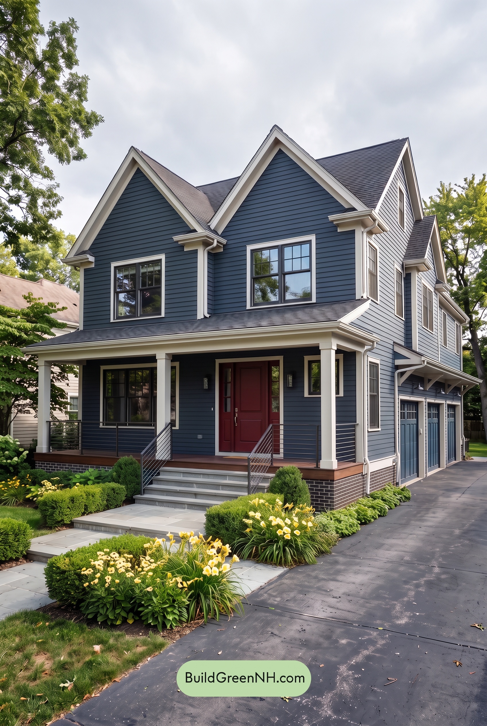 Red Front Door House Paint Color Scheme: Midnight Blue Assurance - Overcast